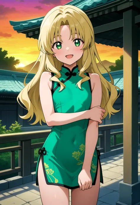 higurashikira, anime screencap, anime coloring, cowboy shot, 
1girl, solo, short female, toned female, beige blonde hair, long hair, layered hair, parted bangs, medium sidelocks, green eyes, flat chest, 
china dress, green sleeveless short dress, 
looking ...