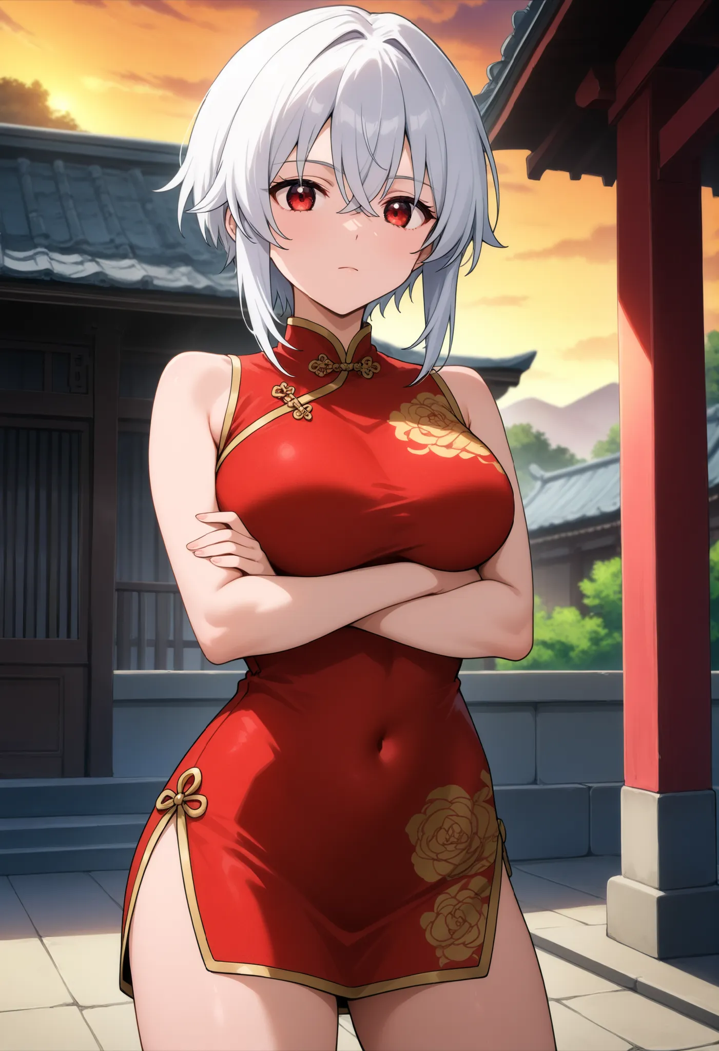 higurashikira, anime screencap, anime coloring, cowboy shot, 
1girl, solo, tall female, toned female, white hair, very short hair, crossed bangs, short sidelocks, red eyes, large breasts, 
china dress, red sleeveless short dress, 
looking at viewer, expres...