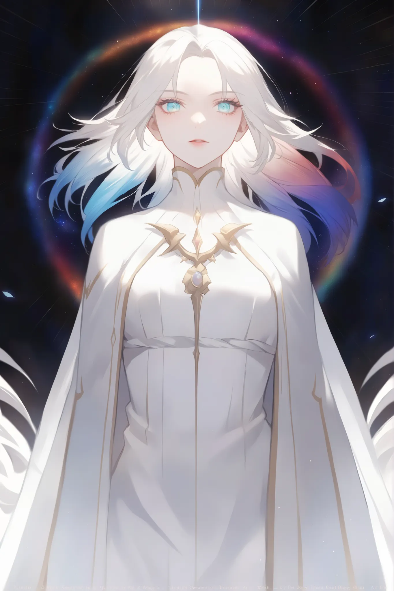 a close up of a person with a white dress and a rainbow hair, white haired deity, portrait knights of zodiac girl, ray of light through white hair, white glowing aura, goddess of space and time, ufotable art style, anime goddess, albedo from the anime over...