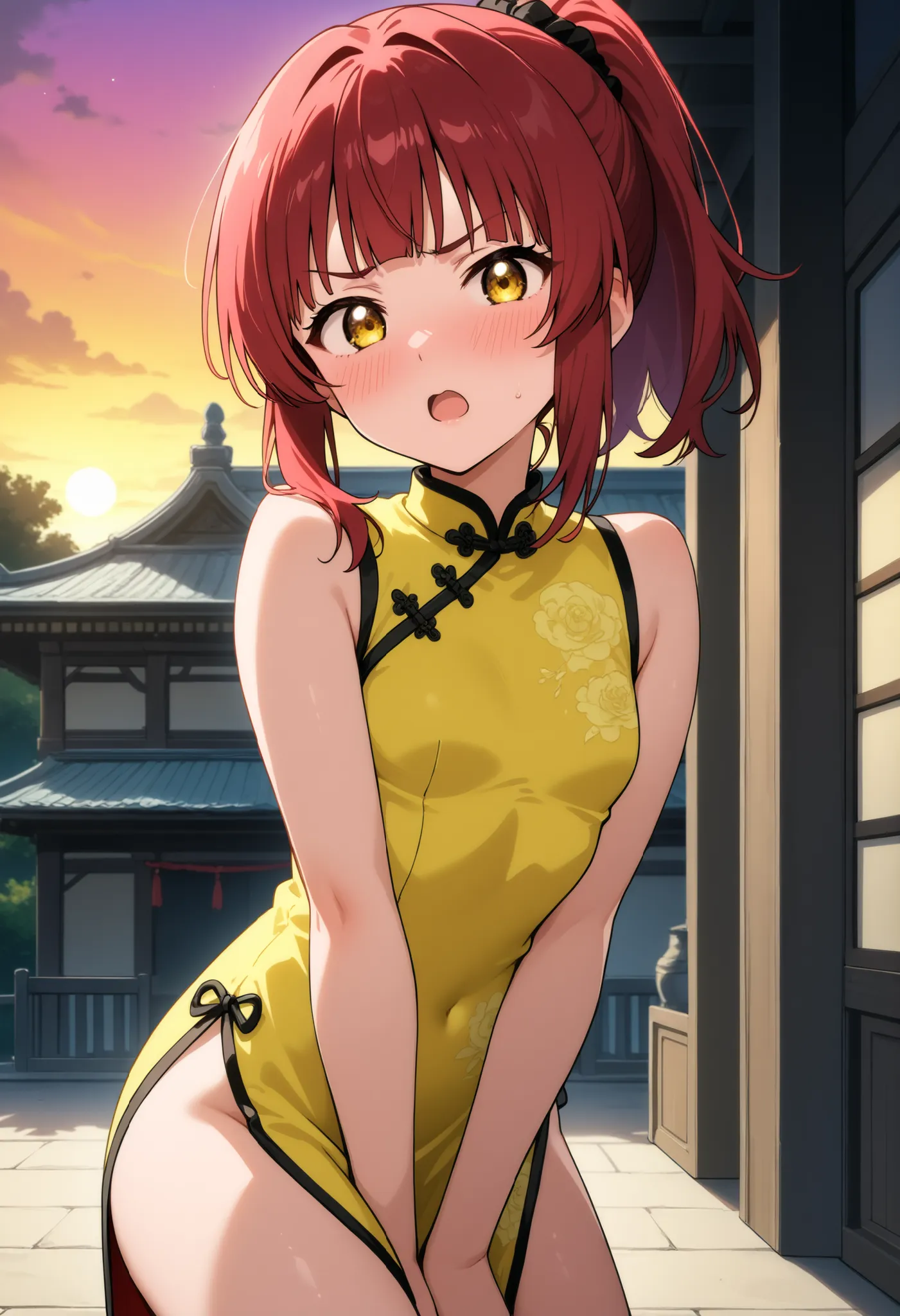 higurashikira, anime screencap, anime coloring, cowboy shot, 
1girl, solo, short female, toned female, red hair, medium hair, ponytail, blunt bangs, short sidelocks, yellow eyes, small breasts, 
china dress, yellow sleeveless dress, 
looking at viewer, tsu...