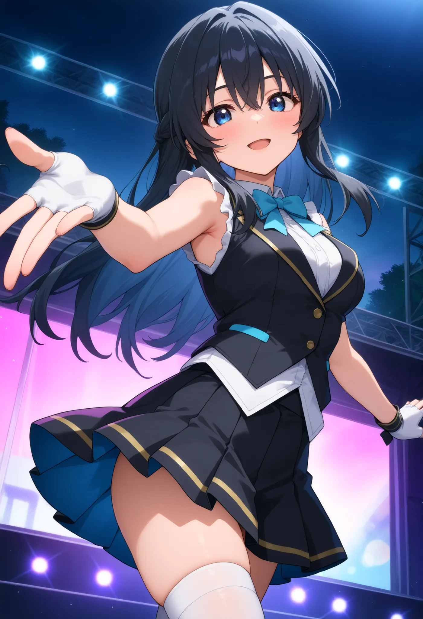 higurashikira, anime screencap, anime coloring, cowboy shot, 
1girl, solo, medium female, toned female, black hair, long hair, bangs, hair between eyes, long sidelocks, blue eyes, medium breasts, 
idol clothes, black vest, blue bowtie, white sleeveless blo...