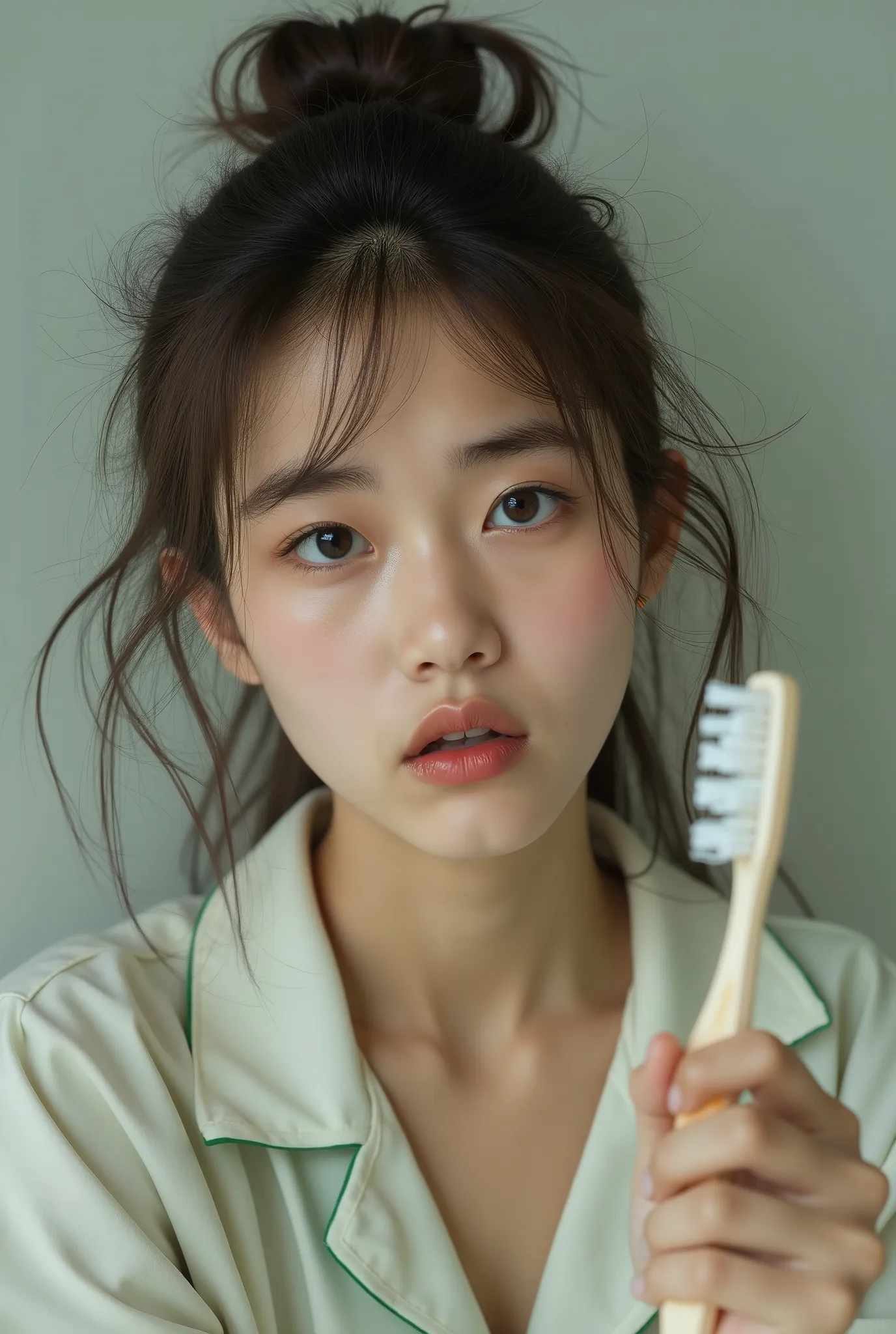 A beautiful young woman with a puzzled expression is holding a toothbrush, wearing pajamas, and has messy hair.