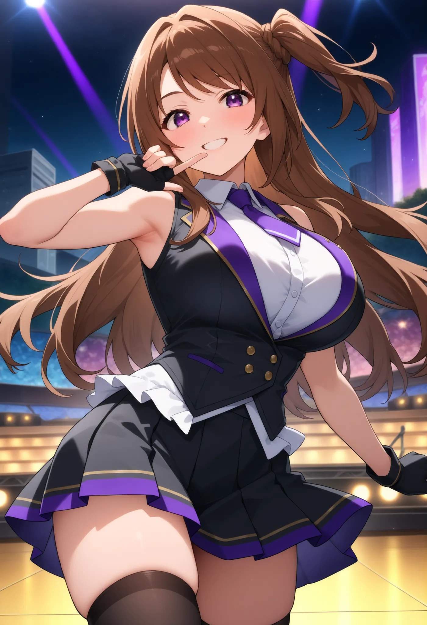 higurashikira, anime screencap, anime coloring, cowboy shot, 
1girl, solo, tall female, toned female, brown hair, long hair, one side up, swept bangs, long sidelocks, purple eyes, huge breasts, 
idol clothes, black vest, purple necktie, white sleeveless bl...