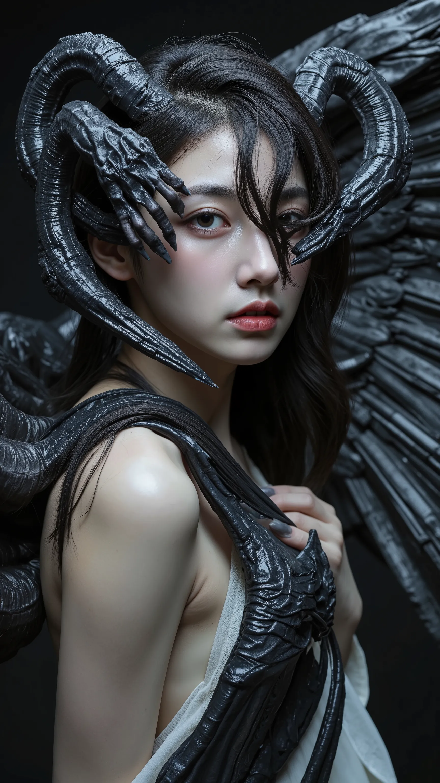 4K Raw photo.
A close-up of a beautiful bare skin figure fused with angels and demons crawling out of the darkness and a beautiful young Japanese woman.
The seamless junction shows a super-organic communion.
The organic skin is slightly wet and shiny and h...
