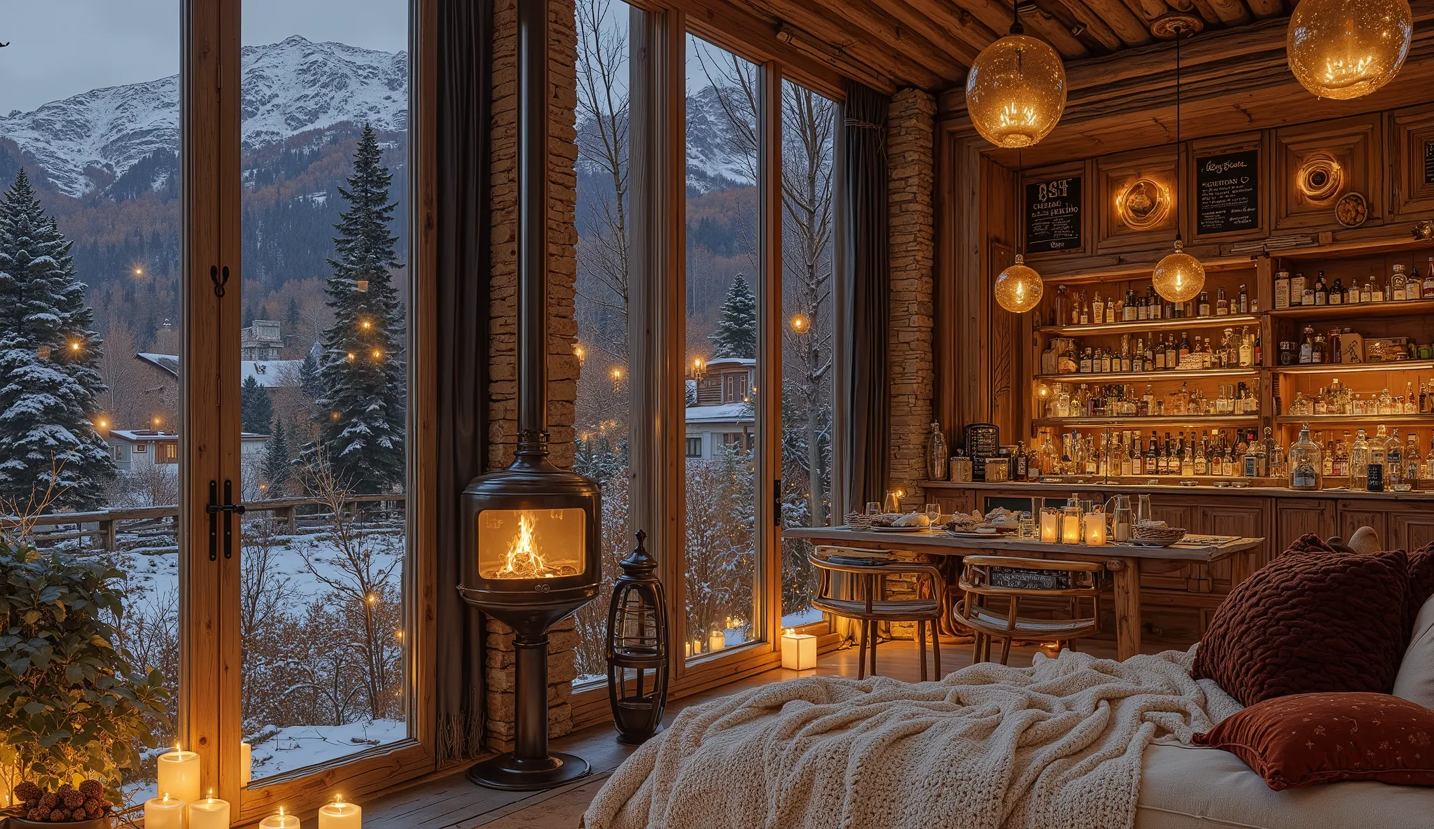 Warm room with a white blanket, with pillows and blankets hugging the pillow , cozy wallpaper, nơi cozy, phòng cozy , cozy environment,distant landscape painting with reverse view , warm chalet in warm light yellow tones , there is a built-in modern firepl...