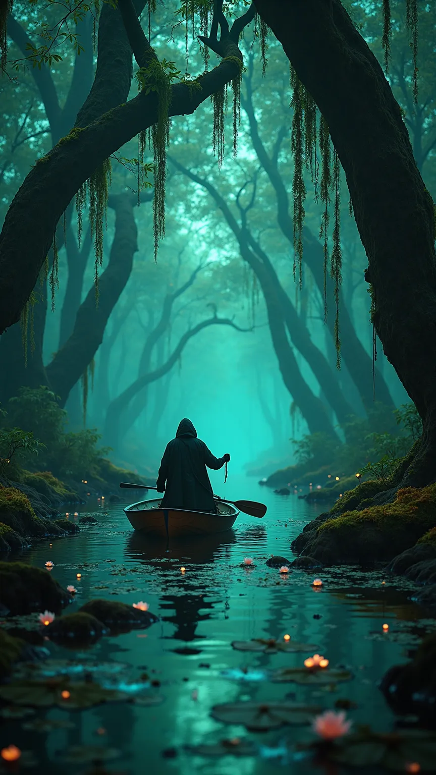 a lone hooded wanderer paddling a small wooden leaf-shaped boat along a narrow bioluminescent swamp channel framed by ancient twisted tree roots and gnarled trunk arches dripping with luminescent moss and glowing fungal clusters suspended above mirror-like reflective water dotted with floating lily pads and drifting mist swirling around moss-covered rocks and occasional floating firefly-like luminescent motes swirling around the boat beneath a dense emerald-green canopy pierced by ethereal shafts of soft moonlight interplaying with vibrant neon-green phosphorescent glow digital art medium rendered as hyper-realistic cinematic fantasy concept art utilizing physically based ray tracing volumetric rendering and global illumination composition framed in an ultra-wide 16:9 panoramic full-frame view captured from a low-angle perspective at water level offering immersive depth and leading lines toward a distant glowing grove lighting featuring dramatic volumetric light shafts from bioluminescent flora and subtle cool moonlit rim highlights reflecting off wet surfaces and gentle ambient fill illuminating shadowed recesses color palette dominated by deep emerald greens jade mossy browns and muted charcoal blacks accented by electric cyan highlights and hints of soft turquoise glow mood of serene mystery tranquil enchantment and primal wonder evoking the ancient living forest alive with hidden magic ultra-high-definition 8K clarity with intricate microtexture detail of bark ridges moss filaments water droplets and fungal spores suspended in the air slight chromatic aberration at brightest edges subtle filmic grain overlay and realistic reflective surface simulation simulated as a RAW full-frame sensor capture with precise photometric calibration