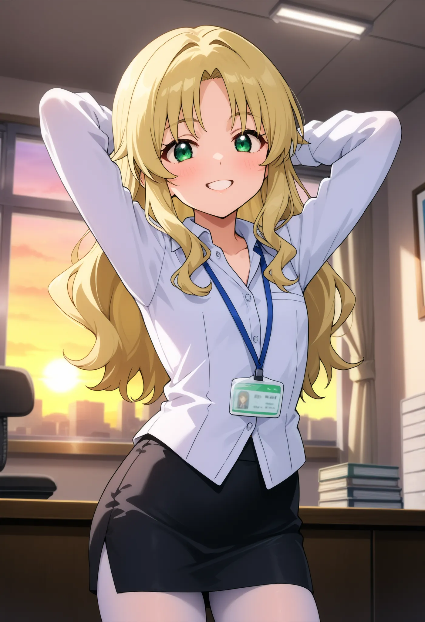higurashikira, anime screencap, anime coloring, cowboy shot, 
1girl, solo, short female, toned female, beige blonde hair, long hair, layered hair, parted bangs, medium sidelocks, green eyes, flat chest, 
office lady, white long sleeve collared shirt, id ca...