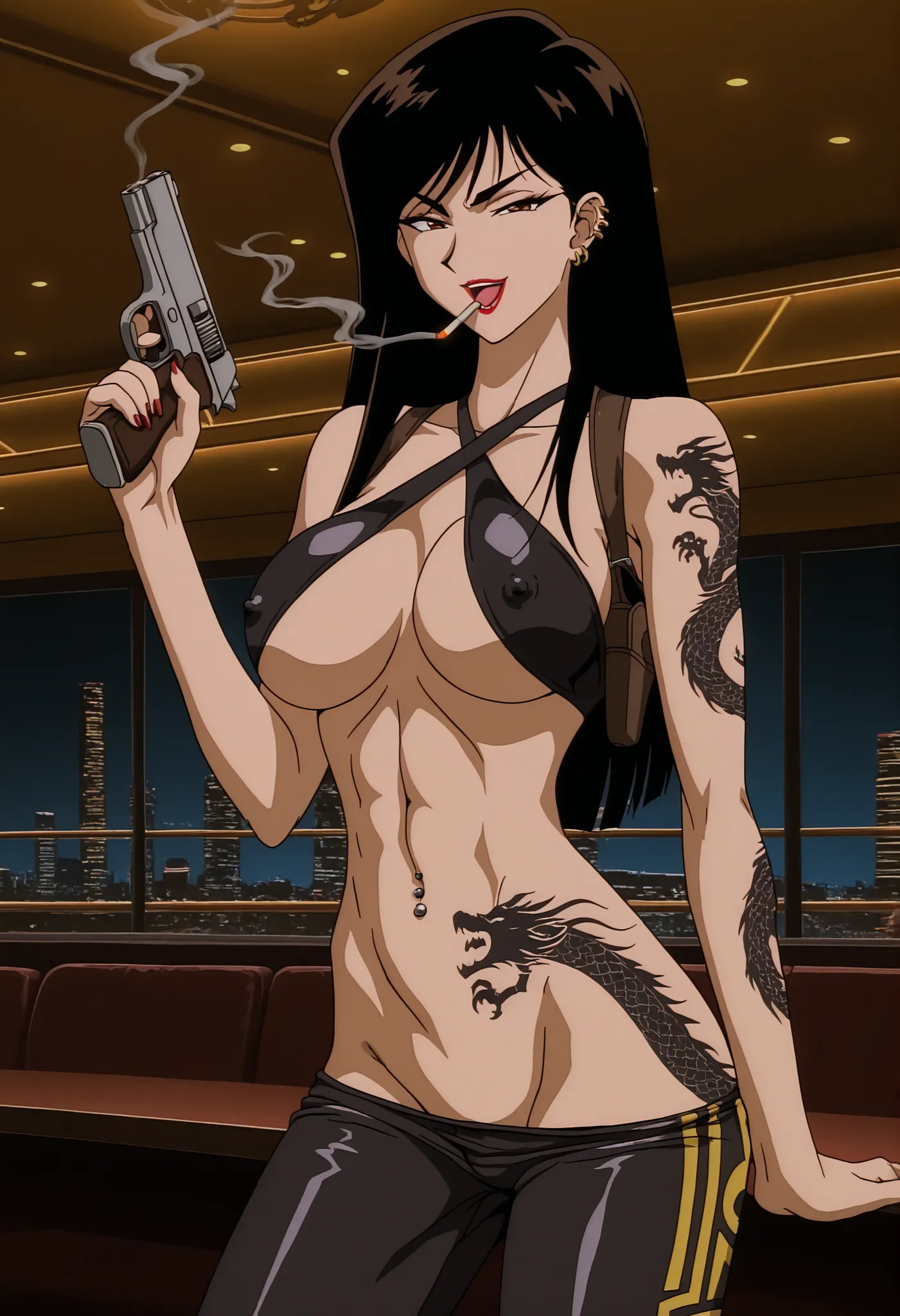 terayama reiko, black hair, long hair, , 1girl,  ear piercing, long hair, , lipstick,Hot girl, baddie, smoking, sensual, attractive ,
pull_down leggings,(show off panties,:1.2, no panties),seductive smile,, BREAK, 1girl, , sexy girl, , (fit body:1.1),(abs:...