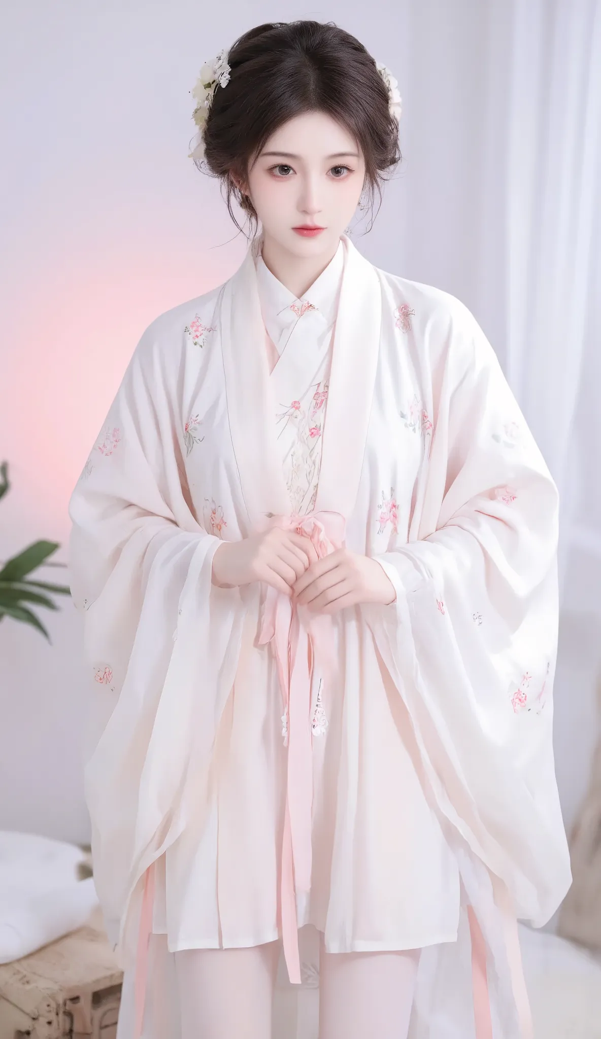 robe, 1 girl, [[  eyes, 白flower, ribbon, Chest,  白色 Chinese clothing   ,    Chinese clothing   , skirt, flower, Gradient   , Gradient    background, embroidered ball flower, Watch the audience, small Chest, white pantyhose, Single, thigh 连裤袜