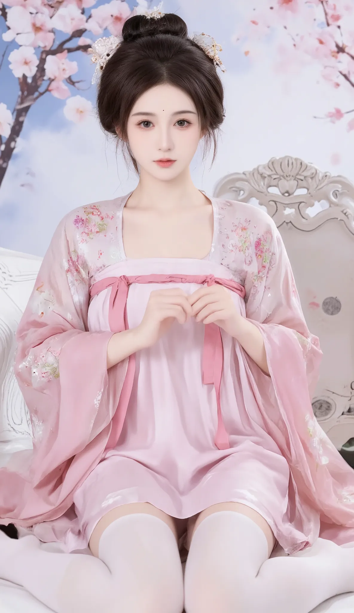 robe, 1 girl, [[  eyes, 白flower, ribbon, Chest,  白色 Chinese clothing   ,    Chinese clothing   , skirt, flower, Gradient   , Gradient    background, embroidered ball flower, Watch the audience, small Chest, white pantyhose, Single, thigh 连裤袜