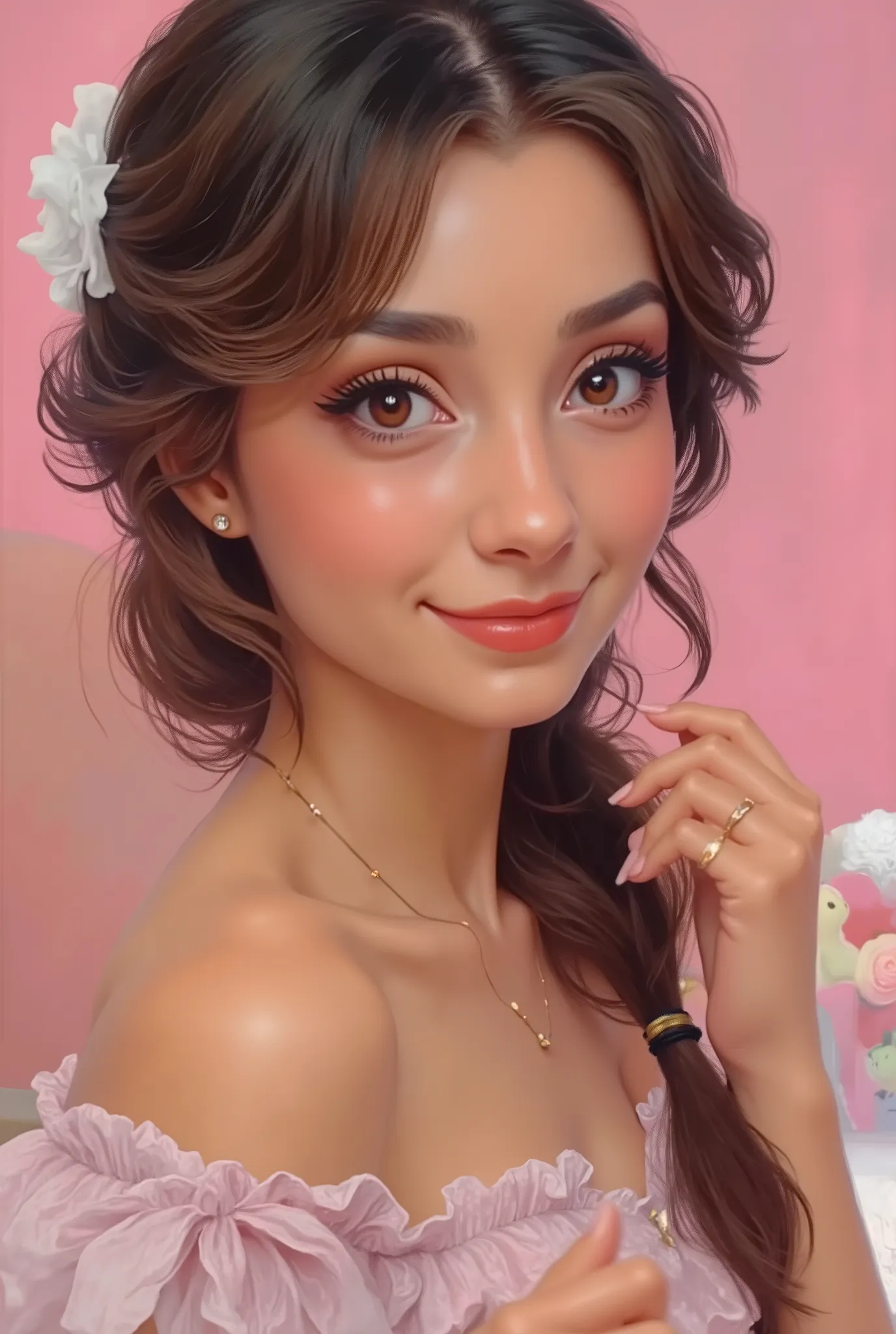 anime drawing, anime girl posing for a picture, First anime crush, anime style,flat pink background