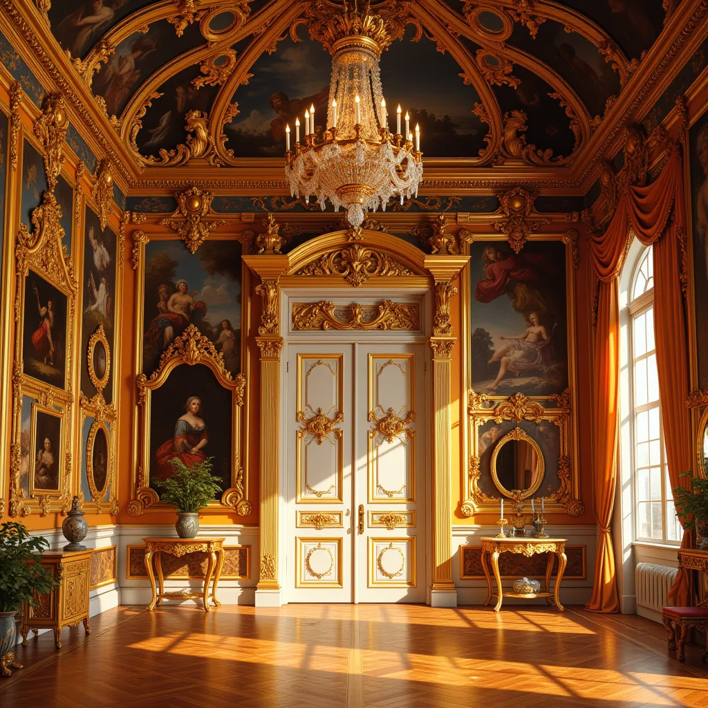 An opulent, baroque-style palace room lavishly decorated with intricate amber panels, gilded moldings, and golden chandeliers. The walls are adorned with detailed carvings, mirrors, and classical artwork framed in ornate gold. A grand double door stands at the center, painted white with elaborate gold embellishments. Rich, inlaid wooden floors with swirling patterns reflect the warm glow of the ambient lighting, enhancing the luxurious atmosphere. The room exudes historical grandeur and royal elegance, reminiscent of the legendary Amber Room of the Catherine Palace in Russia.