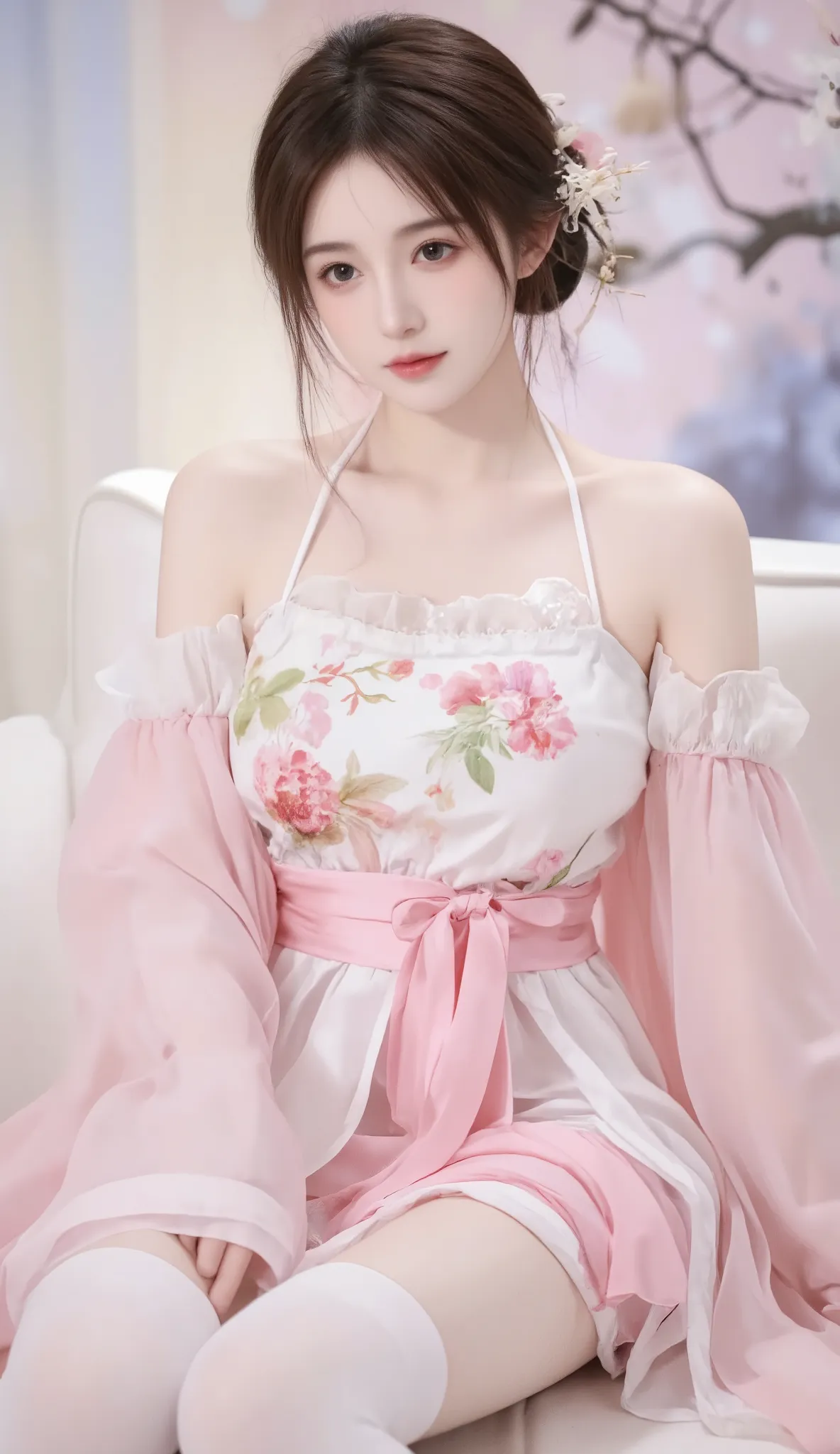 robe, 1 girl, [[ eyes, 白flower, ribbon, Chest, 白色 Chinese clothing , Chinese clothing , skirt, flower, Gradient , Gradient background, embroidered ball flower, Watch the audience, small Chest, white pantyhose, Single, thigh 连裤袜