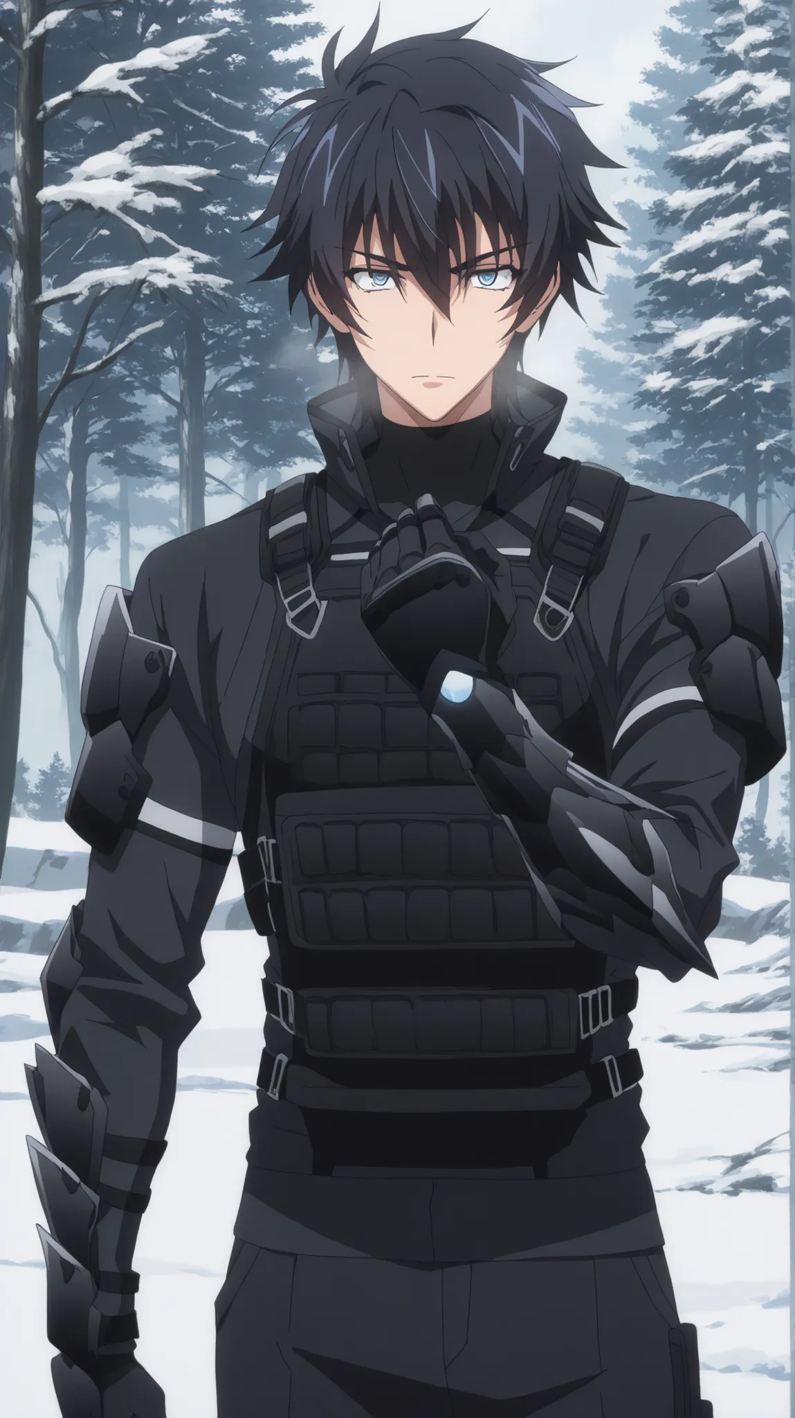 absurdres, (((Ultra HD))), (((Ultra High Quality))), ((hyper detailed)), ((Ultra High Resolution)), (Highly rendered), ((detailed eyes)), (((8K))), ((perfect face)), ((masterpiece)), cinematic, solo, 1boy, tall, short hair, black hair, blue eyes, tactical ...