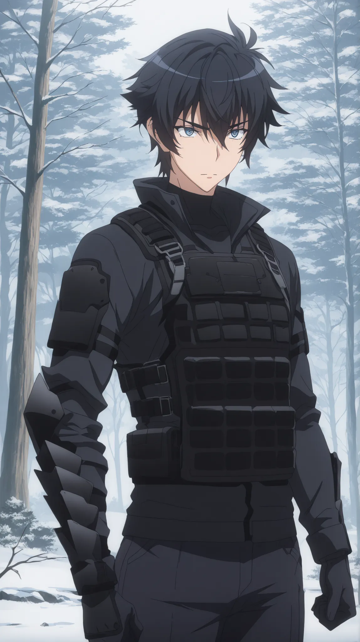 absurdres, (((Ultra HD))), (((Ultra High Quality))), ((hyper detailed)), ((Ultra High Resolution)), (Highly rendered), ((detailed eyes)), (((8K))), ((perfect face)), ((masterpiece)), cinematic, solo, 1boy, tall, short hair, black hair, blue eyes, tactical ...
