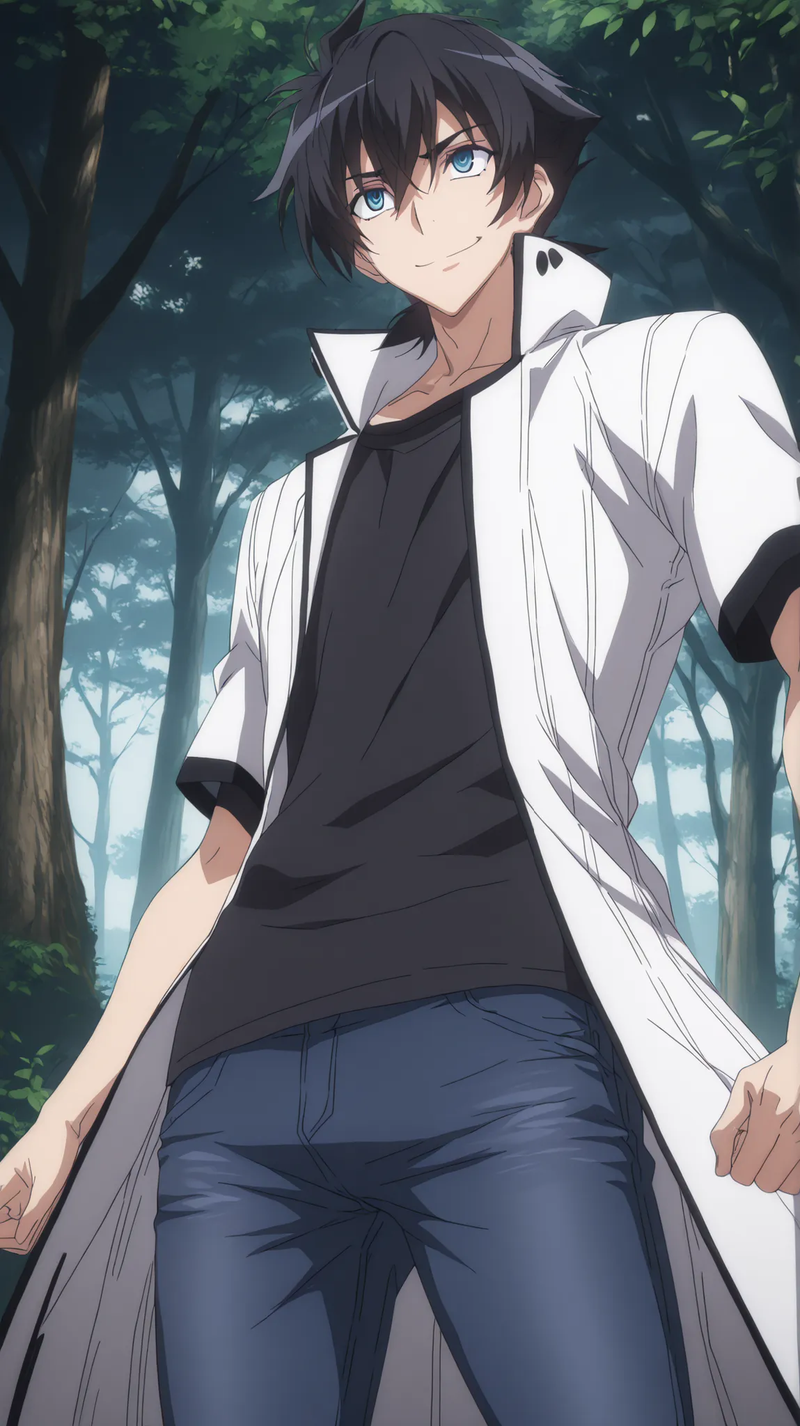 absurdres, (((Ultra HD))), (((Ultra High Quality))), ((hyper detailed)), ((Ultra High Resolution)), (Highly rendered), ((detailed eyes)), (((8K))), ((perfect face)), ((masterpiece)), cinematic, solo, 1boy, tall, smile, short hair, black hair, blue eyes, bl...