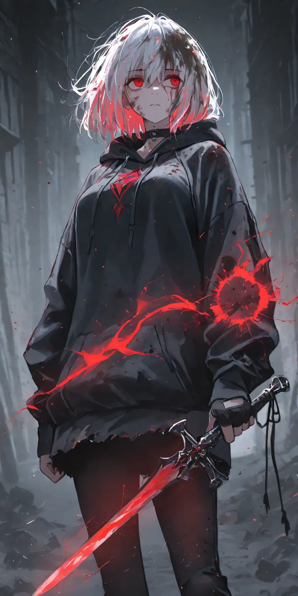 best quality, masterpiece, ultra detailed, general, 15546+456868, ma1ma1helmes_b_illu, ladyshadow, 1girl, solo, large breast, looking away with her head completely lowerd, long white hair, holding knifes, red eyes, bruise on her face, dirty clothes, assass...