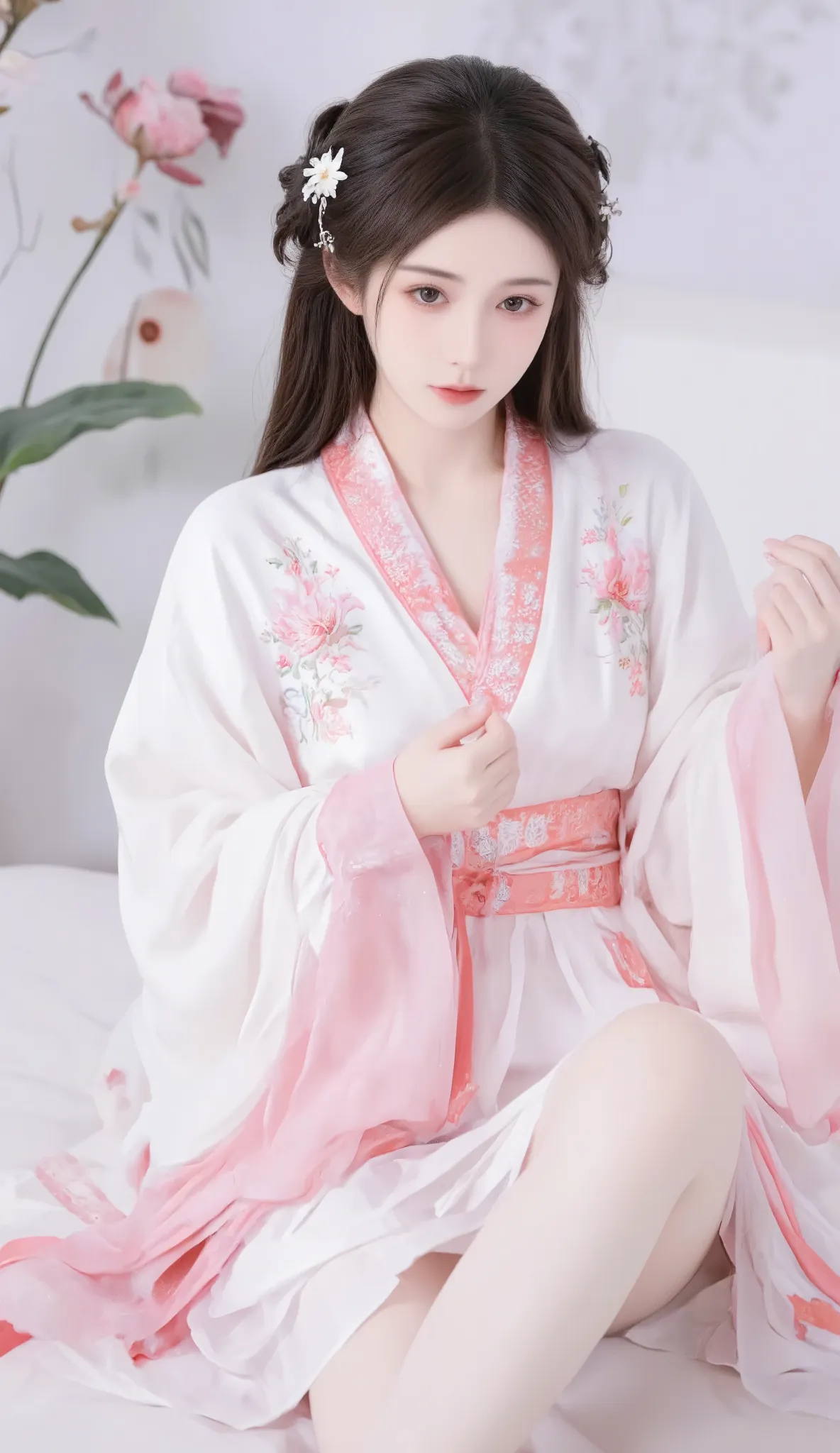 robe, 1 girl, [[  eyes, 白flower, ribbon, Chest,  白色 Chinese clothing   ,    Chinese clothing   , skirt, flower, Gradient   , Gradient    background, embroidered ball flower, Watch the audience, small Chest, white pantyhose, Single, thigh 连裤袜
