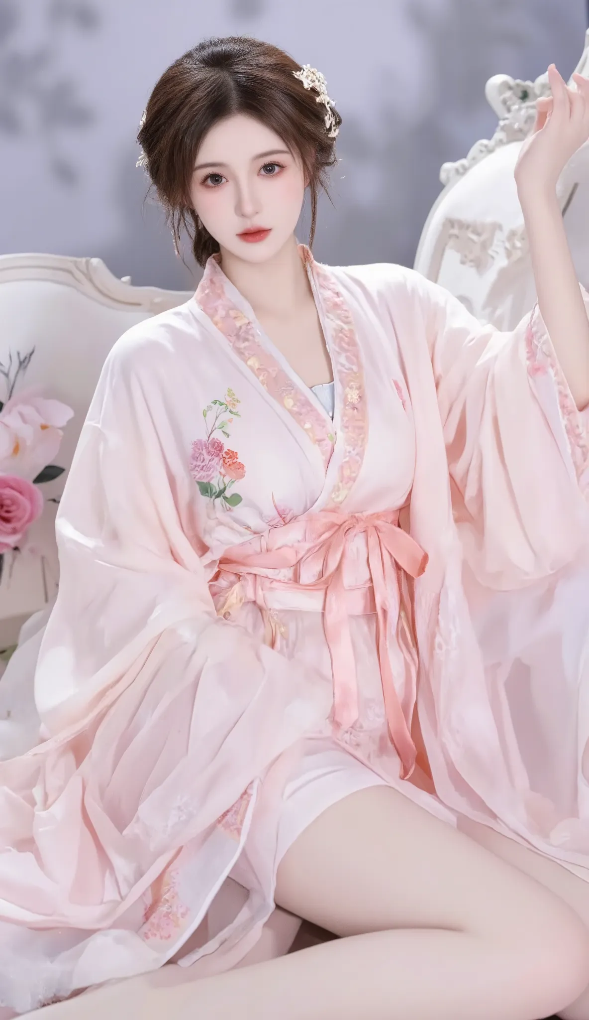 robe, 1 girl, [[  eyes, 白flower, ribbon, Chest,  白色 Chinese clothing   ,    Chinese clothing   , skirt, flower, Gradient   , Gradient    background, embroidered ball flower, Watch the audience, small Chest, white pantyhose, Single, thigh 连裤袜