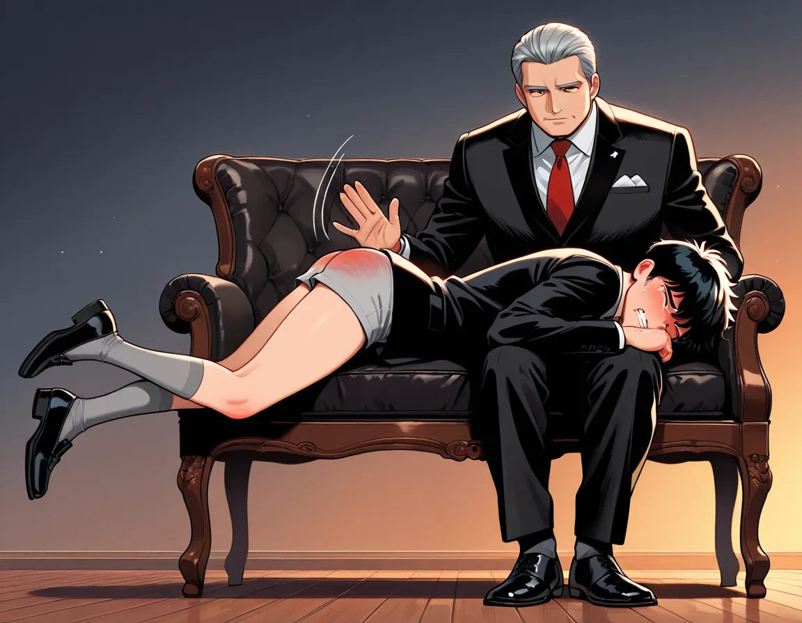 A 15-old-year boy laying on tummy on the lap of an 40-year-old adult man sitting on a wooden chair. The boy is wearing a white formal shirt, red school tie, tight gray school short shorts 70s, grey school knee socks, black formal shoes, black short hair, light skin, tears, legs and hands down, nice butt. The adult man wearing a black formal suit. The dark bedroom. ((boy laying on tummy pose, spanking, lines, spanking lines, otk)). Masterpiece, detailed, sunset light, well-defined, high-qualit

