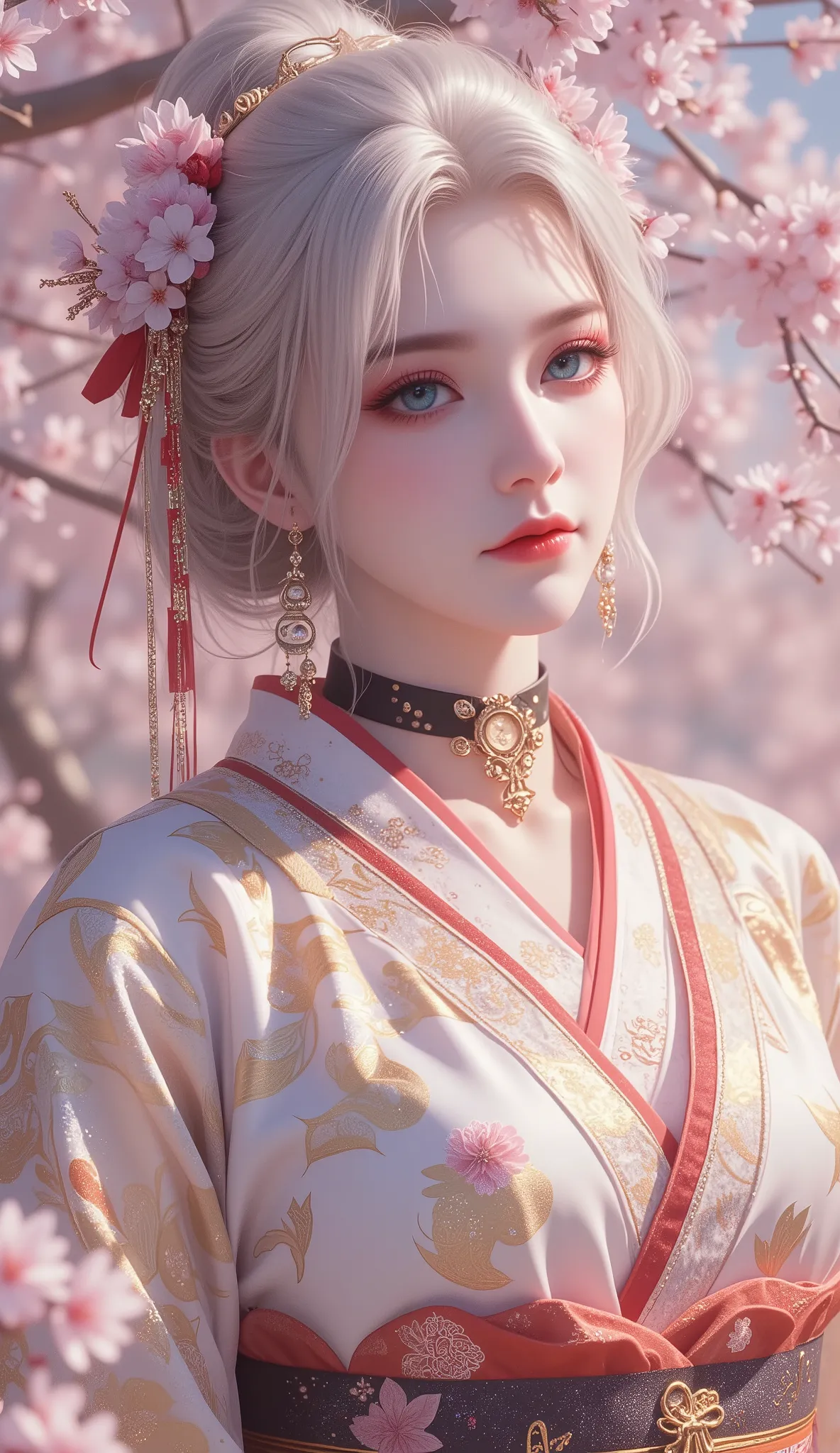 (masterpiece, detailed:1.2), bell choker, big, mature woman, milf, (platinum hair), gradient hair, asymmetrical haircut, aqua gradient eyes, massive breasts, extremely busty, thicc, chubby body, expressionless, mole under eye, polished nails, (gold gradien...