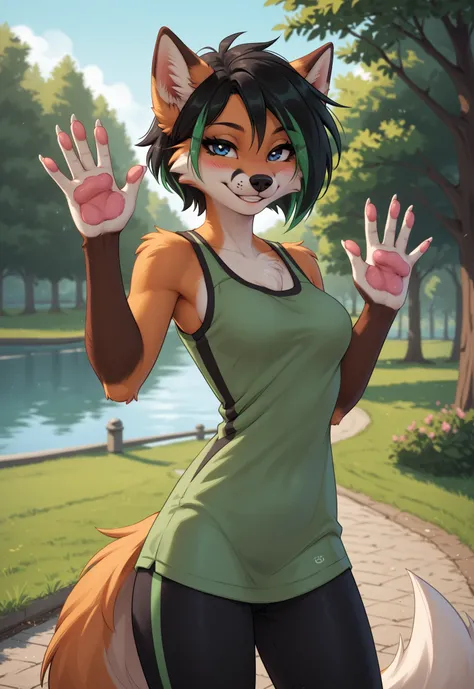 (4K HD Quality), highest quality, masterpiece, score_9_up, score_8_up, score_6_up, anthro, solo, 1girl, anthropomorphic, furry, fox, orange fur, dark blue eyes, white face, black nose, small medium breasts, fox tail, (white claw:1.1), pink pad paws, 

(Sho...
