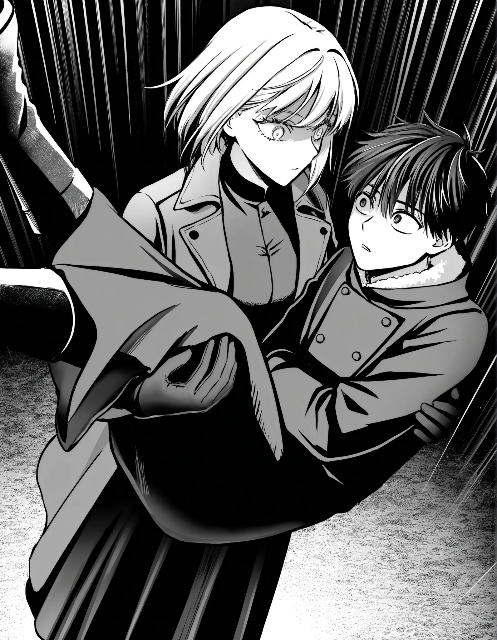 1girl, short hair, white hair and large expressive eyes,long dark dress,coat ,boots,manga style,clean black and white line art,shading on the clothing,,1boy, black hair, female carrying male