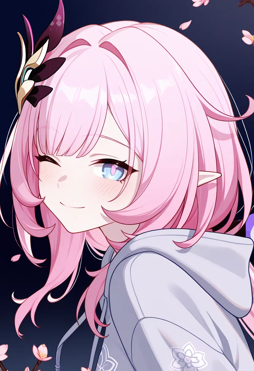 Anime, Photography, core_9 , score_8_up , Score_7_up, Best quality , Very autistic , 1 girl , solo , girl, long hair , pink hair , elysia (honkai impact) , hair ornament , elf, She wore a light lavender hoodie, The hoodie had subtle flower patterns embroidered into the cuffs and back hem, delicate sakura blossoms woven in pale silver thread. Underneath,  Her hair danced with the wind. Face focus, Smile, Blush, Wink. Close-up
