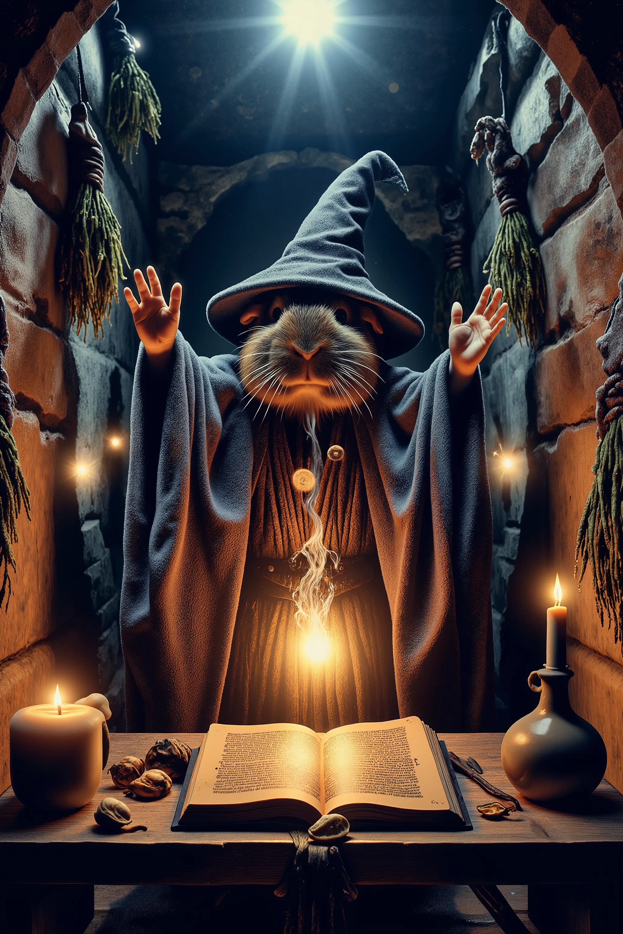 A dark brown guinea pig in a wizard hat raises up aon two legs behind a tiny old wooden table and holds his arms out wide. A dusty ancient medieval book is open on the table and a small shimmering semi-translucent wisp rises up from the book. The candlelit...