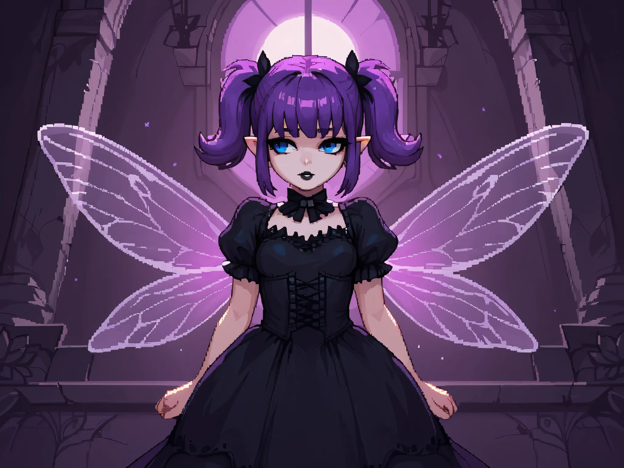 score_9_up, score_8_up, score_7_up, 1girl, solo, source_anime, pixel art, fairy, FairyForm, Fairy Wings, Wings BREAK
Short twintails, fairy wings, bangs, small breasts, purple hair, blue eyes BREAK
Gothic dress, black dress, puffy sleeves, short sleeve...
