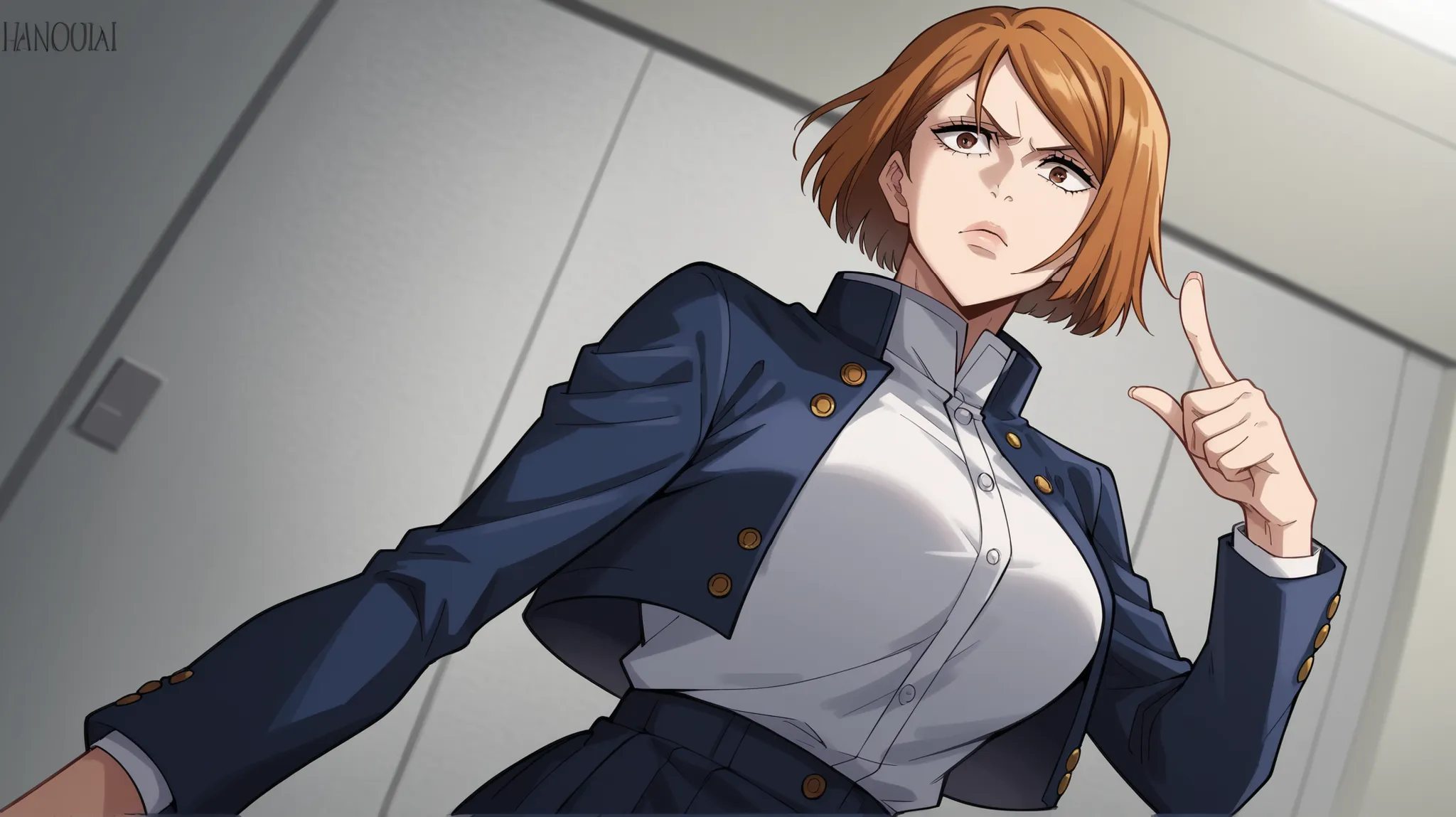 score_9, score_8_up, score_7_up, anime_origin, Nobara Kugisaki, kugisaki nobara, bob cut, brown eyes, brown hair, lips, short hair, large breasts,, skirt, school uniform, jacket, cropped jacket, jitome, high-waist skirt, gakuran,, bedroom, alarm clock, sus...