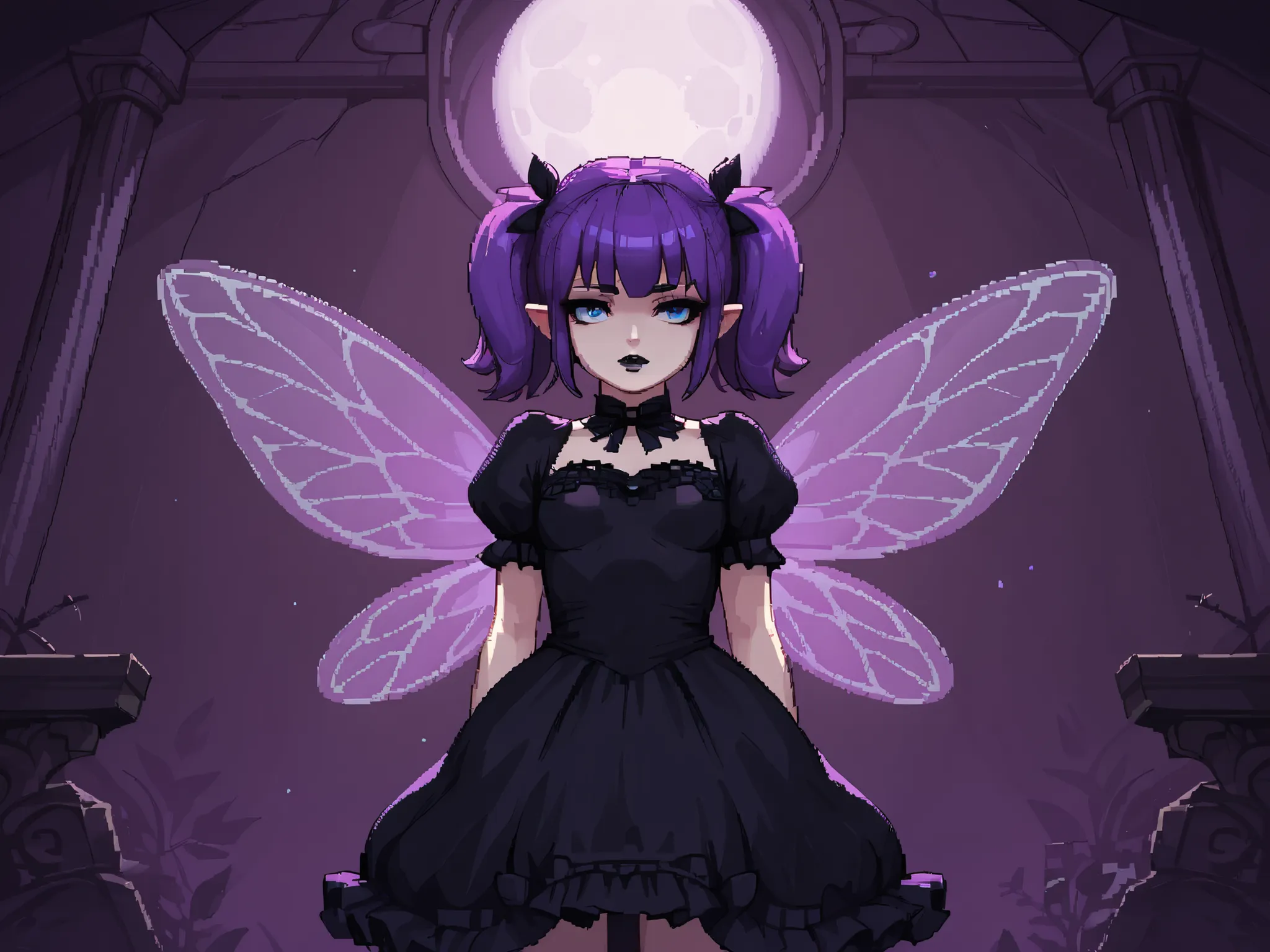 score_9_up, score_8_up, score_7_up, 1girl, solo, source_anime, pixel art, fairy, FairyForm, Fairy Wings, Wings BREAK
Short twintails, fairy wings, bangs, small breasts, purple hair, blue eyes BREAK
Gothic dress, black dress, puffy sleeves, short sleeve...