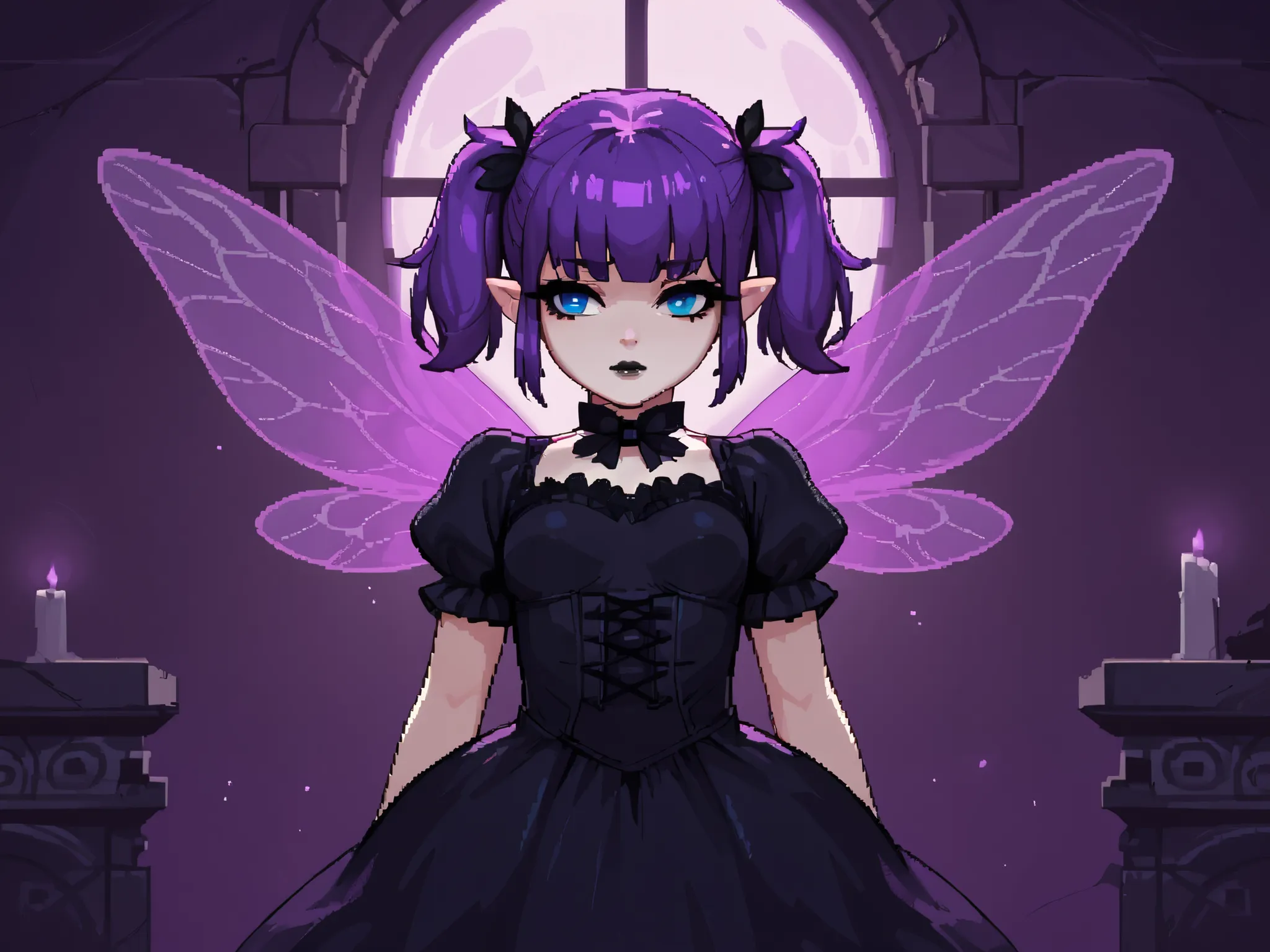 score_9_up, score_8_up, score_7_up, 1girl, solo, source_anime, pixel art, fairy, FairyForm, Fairy Wings, Wings BREAK
Short twintails, fairy wings, bangs, small breasts, purple hair, blue eyes BREAK
Gothic dress, black dress, puffy sleeves, short sleeve...