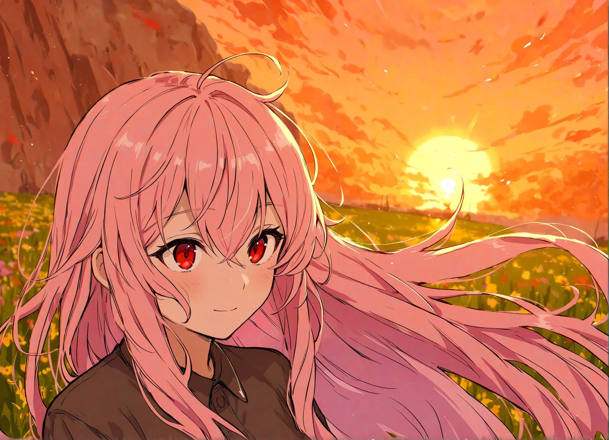 Beatiful, Red eyes, Sunset, Pink hair, Wavy hair