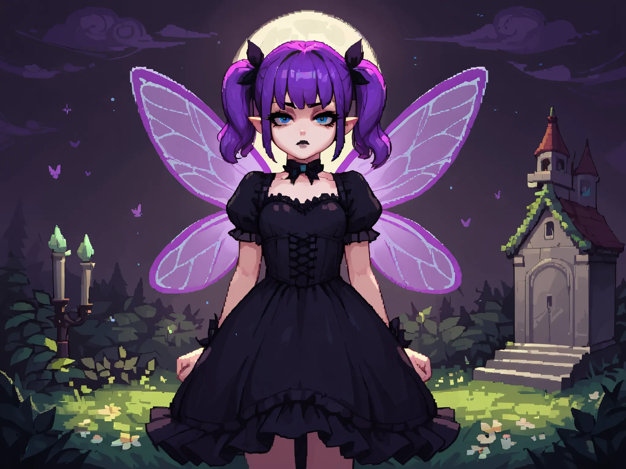 score_9_up, score_8_up, score_7_up, 1girl, solo, source_anime, pixel art, fairy, FairyForm, Fairy Wings, Wings BREAK
Short twintails, fairy wings, bangs, small breasts, purple hair, blue eyes BREAK
Gothic dress, black dress, puffy sleeves, short sleeve...