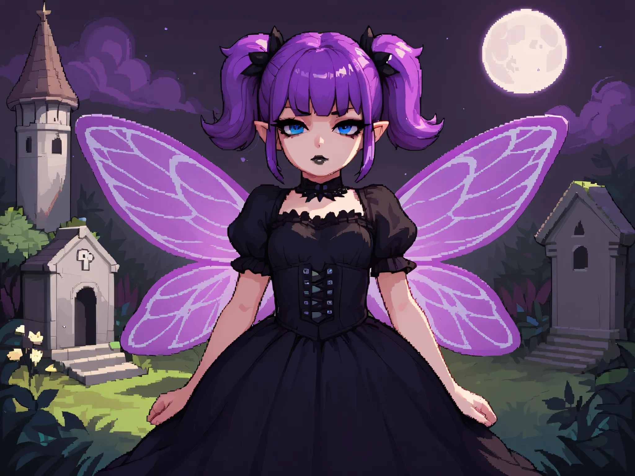 score_9_up, score_8_up, score_7_up, 1girl, solo, source_anime, pixel art, fairy, FairyForm, Fairy Wings, Wings BREAK
Short twintails, fairy wings, bangs, small breasts, purple hair, blue eyes BREAK
Gothic dress, black dress, puffy sleeves, short sleeve...