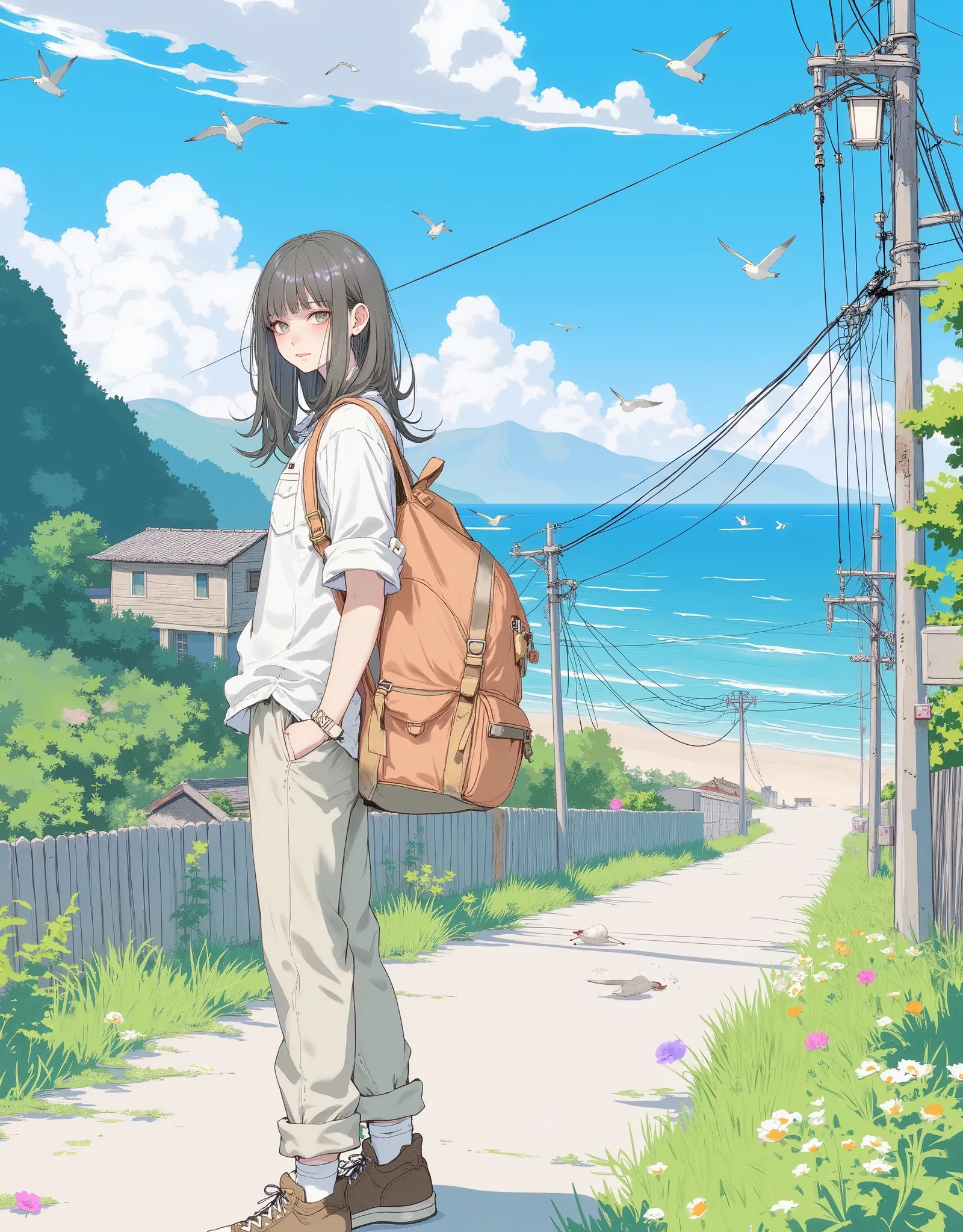 painted in soft shades of blue, sunny day, The overall atmosphere is quiet and vibrant. Reminiscent of the works of, seagulls swirl above their heads, add vitality to peaceful scenes、the beauty of adventures on a narrow dirt road、 while emitting bewitchine...