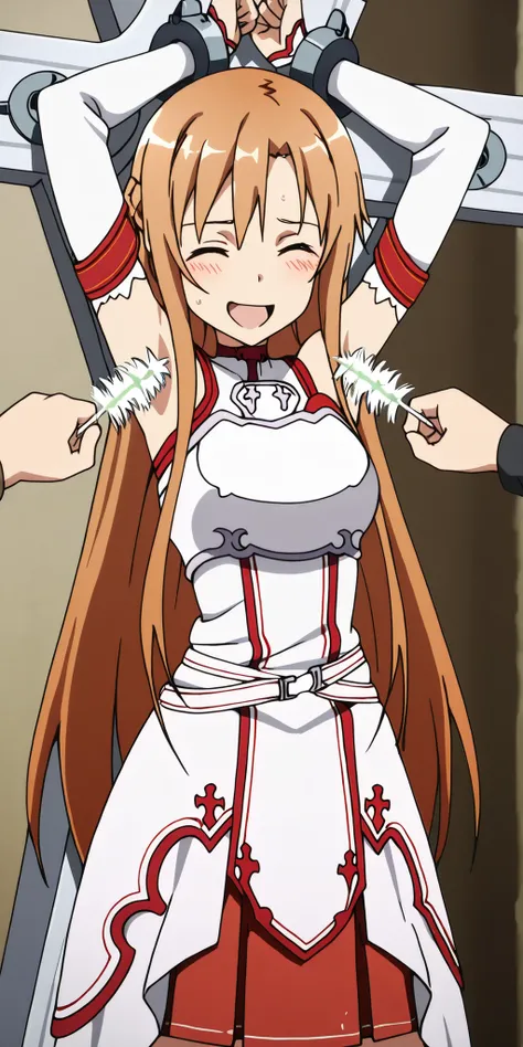 Yuuki Asuna restrained tightly on a cross, her arms cuffed, masterpiece, best quality, amazing quality, anime screencap, anime coloring, 1girl, solo, Yuuki Asuna, Yuuki Asuna SAO costume, White Armor, White breastplate, White isolated sleeve, (character), ...