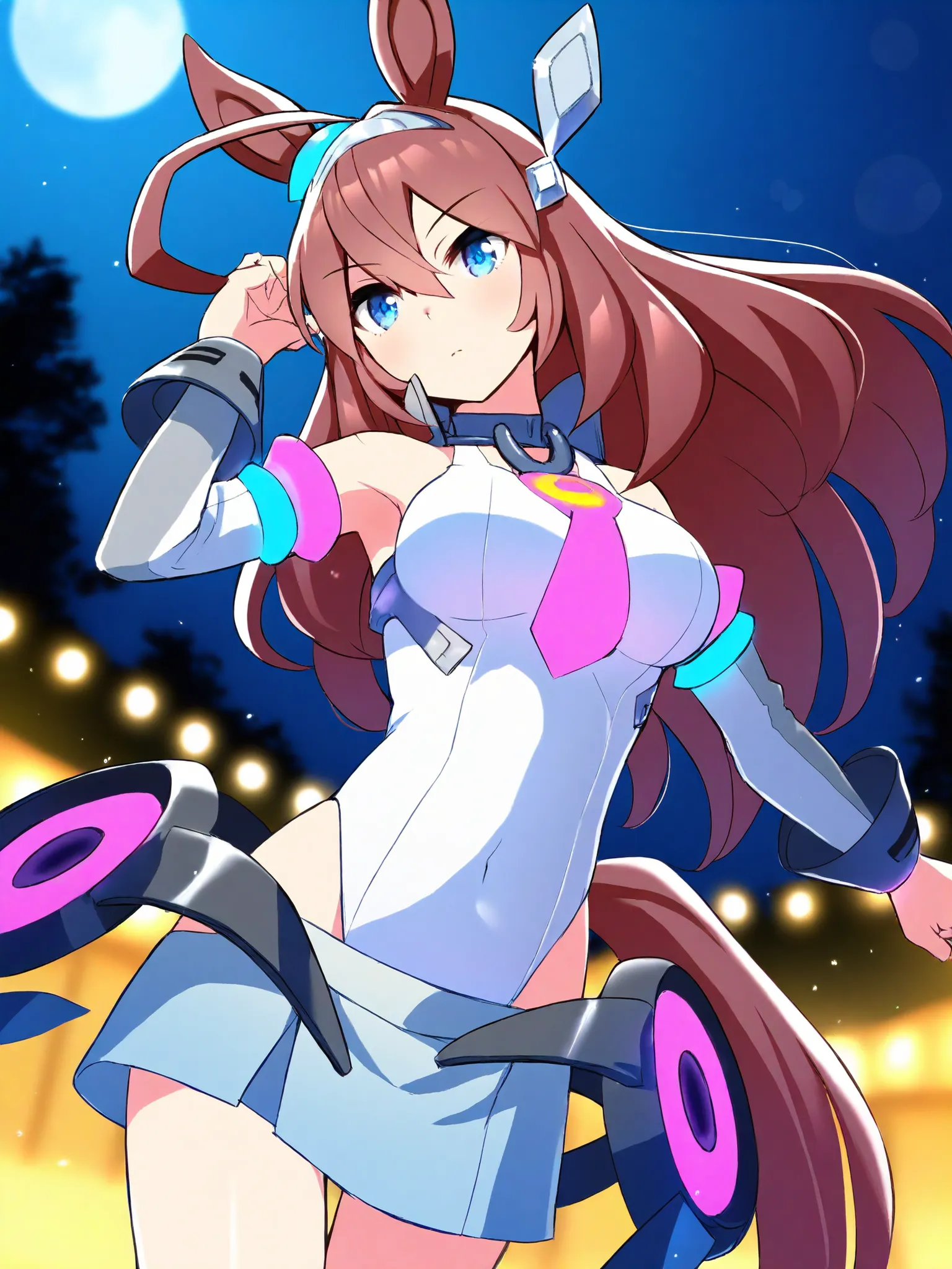 armpits,masterpiece, Highest Quality, Absard Dress,
Mihono Bourbon \(Uma Musume\), 1 girl, horse ears, horse tail,  white thigh high, white leotard, detachable sleeves, grey headband , Blue Earrings, gray hair accessories, low leg skirt, Grey footwear, Pic...