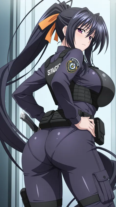 Best quality, masterpiece, himejima_akeno, one girl, long hair, solo, black hair, big breasts, very long hair, purple eyes, huge breasts, large breasts, purple eyes, anime coloring, anime screenshot, looking at viewer, solo, seductive pose, hand on hip,fem...