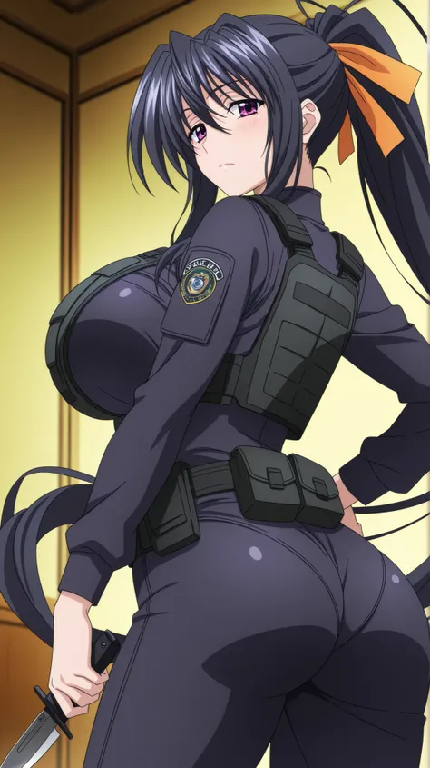 Best quality, masterpiece, himejima_akeno, one girl, long hair, solo, black hair, big breasts, very long hair, purple eyes, huge breasts, large breasts, purple eyes, anime coloring, anime screenshot, looking at viewer, solo, seductive pose, hand on hip,fem...
