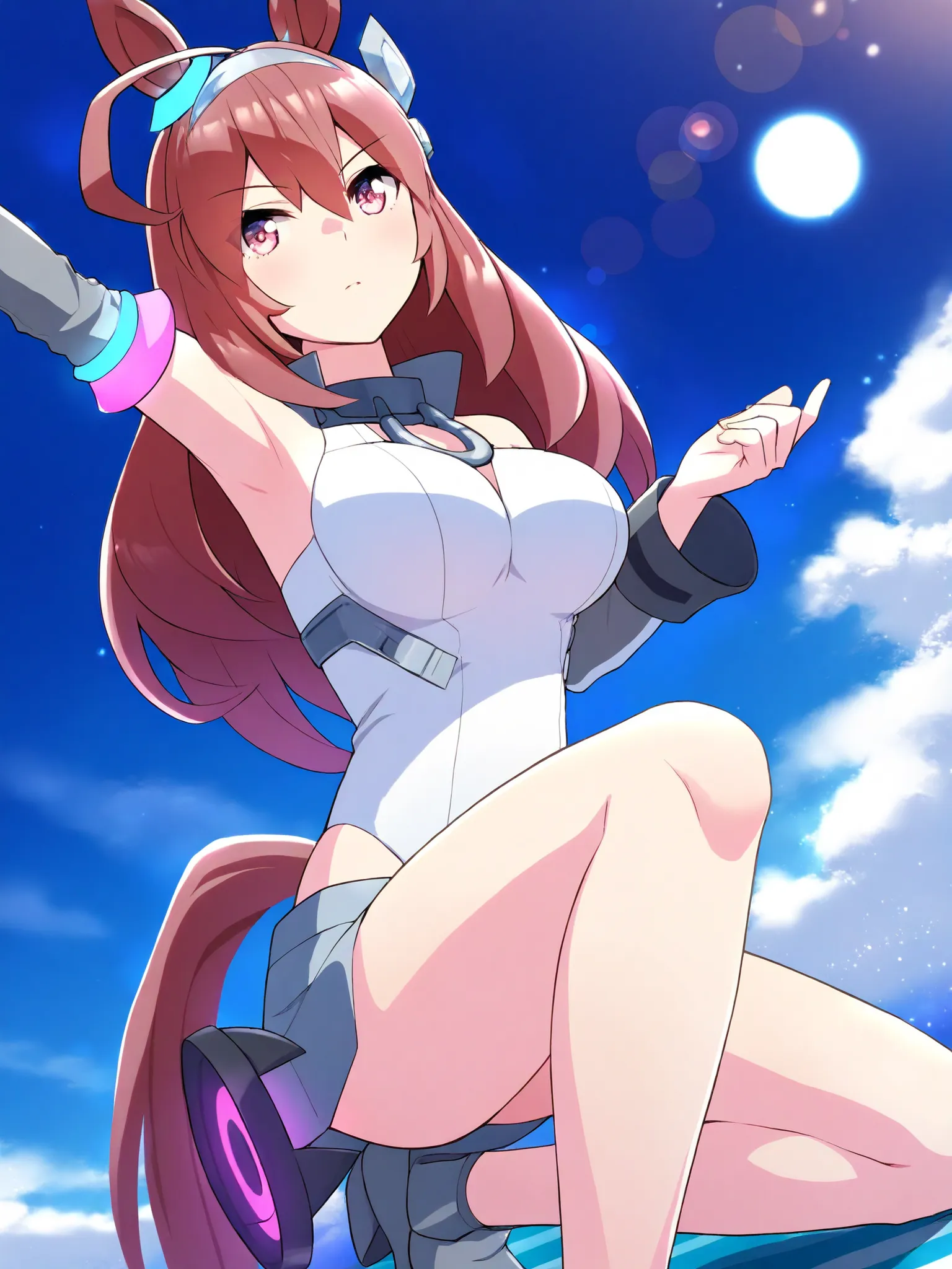 blue sky,cloud, Compa,armpits,masterpiece, Highest Quality, Absard Dress,
Mihono Bourbon \(Uma Musume\), 1 girl, horse ears, horse tail,  white thigh high, white leotard, detachable sleeves, grey headband , Blue Earrings, gray hair accessories, low leg ski...