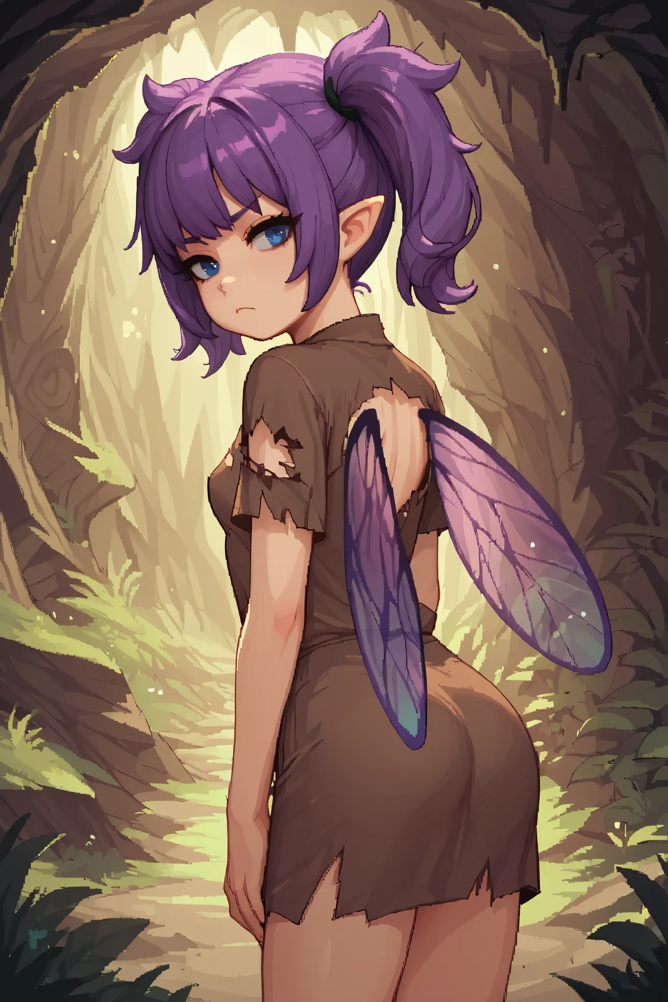 score_9_up, score_8_up, score_7_up, 1girl, solo, source_anime, pixel art, fairy, FairyForm, Fairy Wings, Wings BREAK
Short twintails, fairy wings, bangs, small breasts, purple hair, blue eyes BREAK
Barbarian clothes, brown shirt, torn sleeves, short sl...