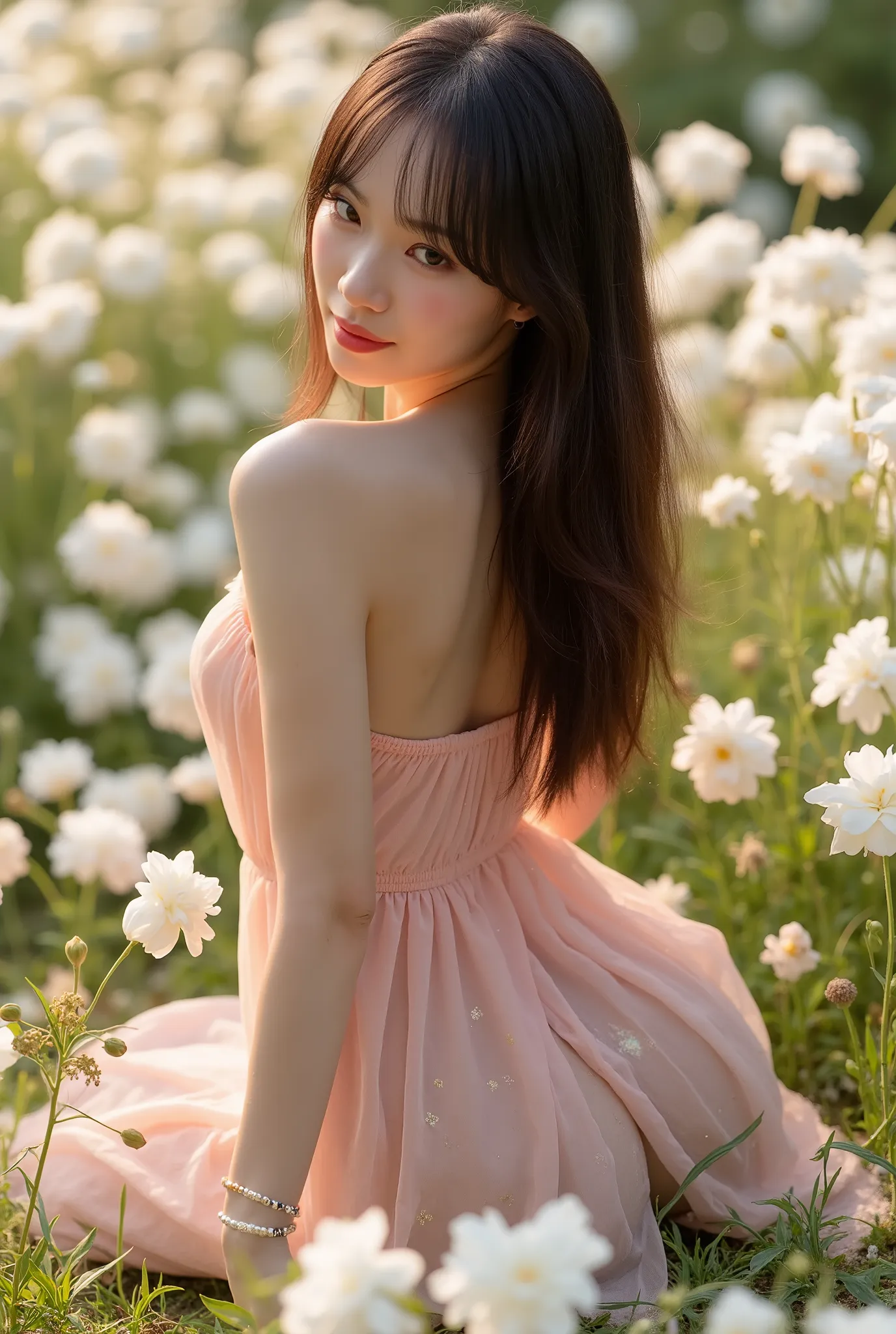 Brunette fairy, beautiful angel, very long hair, beautiful woman, pink see through dress, sitting in a white flower garden, big ass, no clothes, long legs, surrealism, golden hour, hyper realistic clear watery white cum on buttlocks, rear view, view from a...