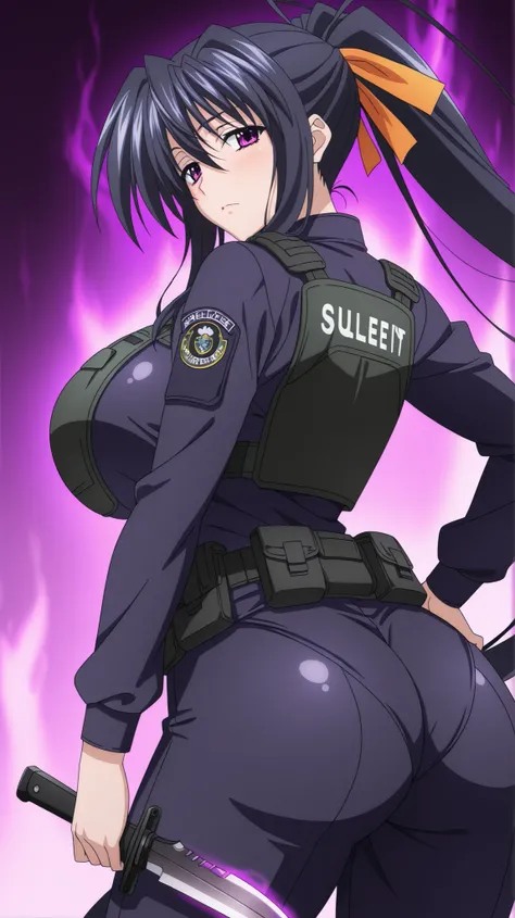 Best quality, masterpiece, himejima_akeno, one girl, long hair, solo, black hair, big breasts, very long hair, purple eyes, huge breasts, large breasts, purple eyes, anime coloring, anime screenshot, looking at viewer, solo, seductive pose, hand on hip,fem...