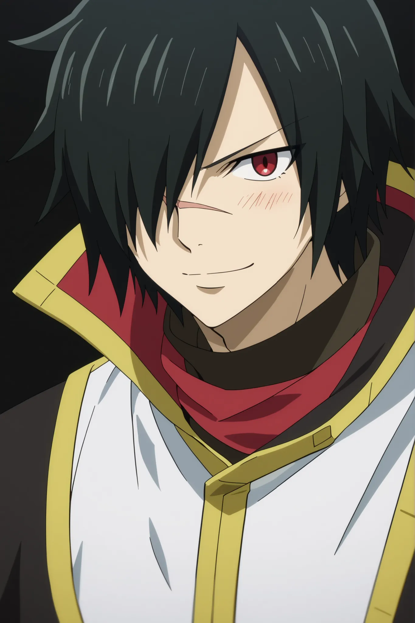 rogue_cheney, black hair, red eyes, hair over one eye, scar tattoo close-up, official style, anime screencap, 8K, extremely detailed, 1boy, solo, looking at viewer, black background , shadow , dynamic angle , dynamic action , atmospheric perspective , intr...