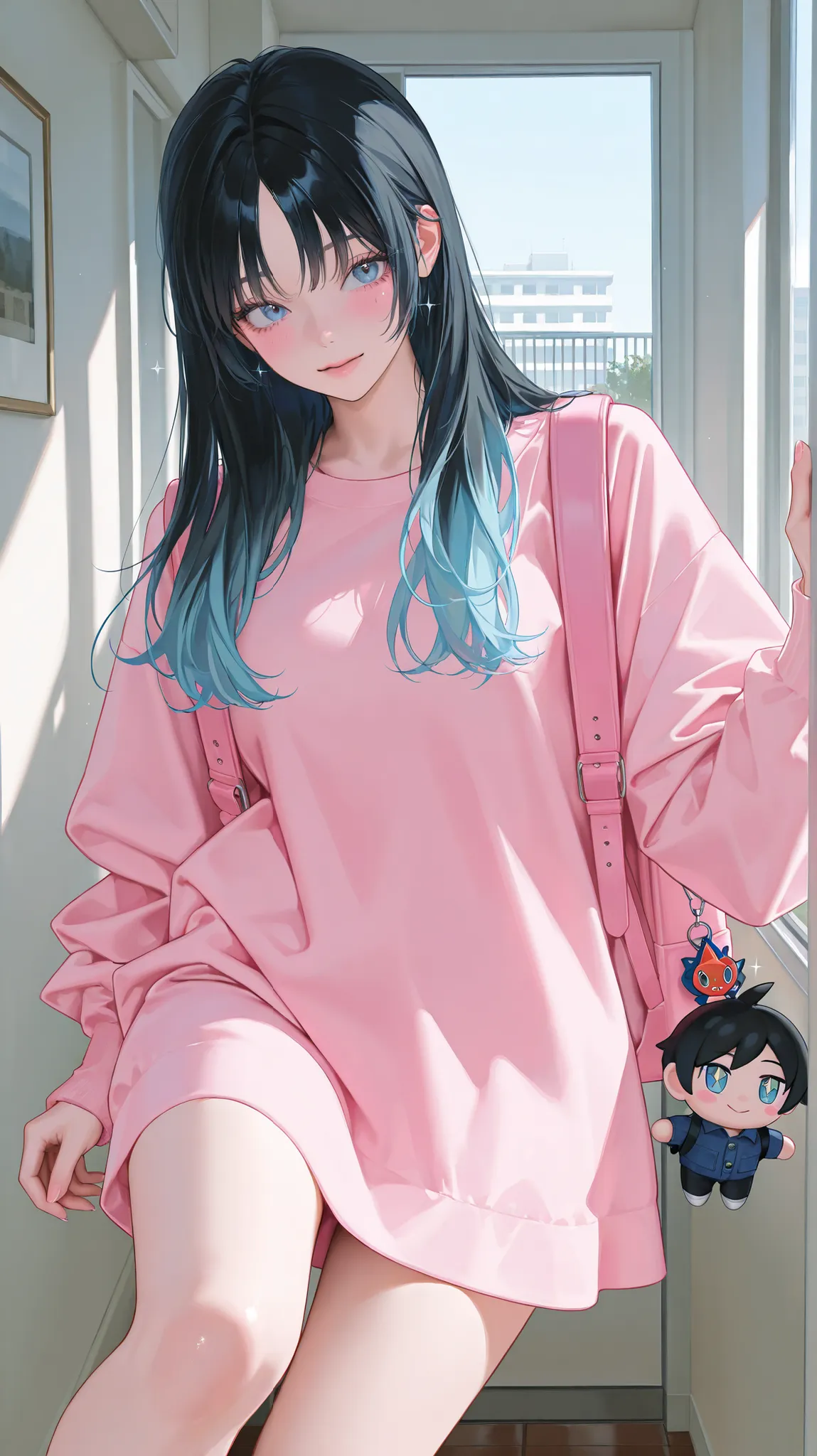 Perfect Eyes, Impressionist Paintings, parted bangs, realistic skin, Semi Realistic Details, high detail, realistic hair, realistic detail, 8k, beautiful masterpiece, long black hair, only black hair, clear blue eyes, long lashes, Baby pink color blush, s...