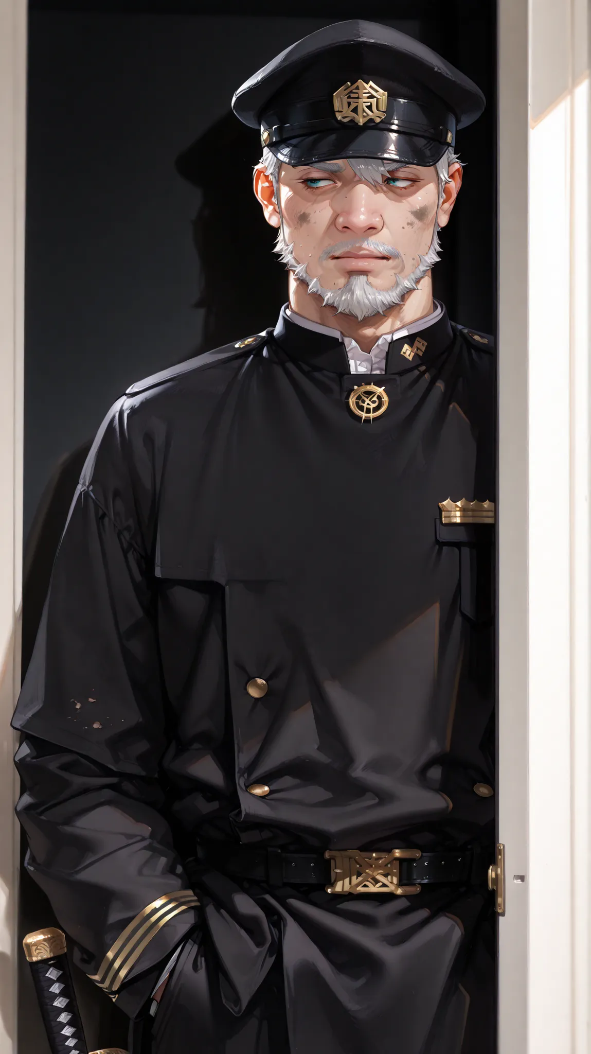 (masterpiece, Highest Quality, high image quality: 1.2), male, alone,(masterpiece, Highest Quality, Highest Quality:1.2), very detailed,most detailed ((Super Detail)), (very detailedCGイラスト), ((VERY DELICATE))、Collared Uniform 、 Japanese sword、 Simple Unif...