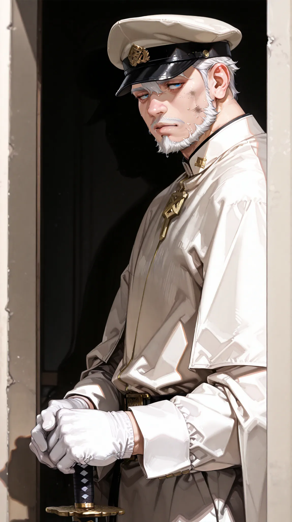 (masterpiece, Highest Quality, high image quality: 1.2), male, alone,(masterpiece, Highest Quality, Highest Quality:1.2), very detailed,most detailed ((Super Detail)), (very detailedCGイラスト), ((VERY DELICATE))、Collared Uniform 、 Japanese sword、 Simple Unif...