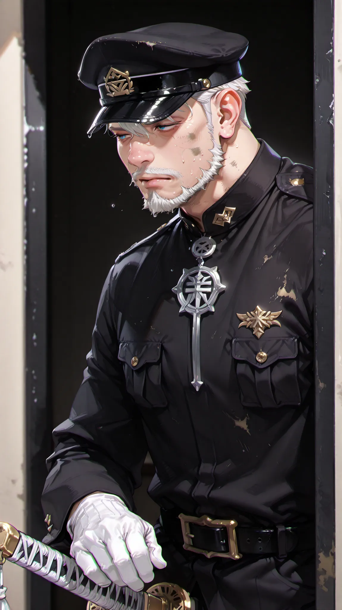 (masterpiece, Highest Quality, high image quality: 1.2), male, alone,(masterpiece, Highest Quality, Highest Quality:1.2), very detailed,most detailed ((Super Detail)), (very detailedCGイラスト), ((VERY DELICATE))、Collared Uniform 、 Japanese sword、 Simple Unif...